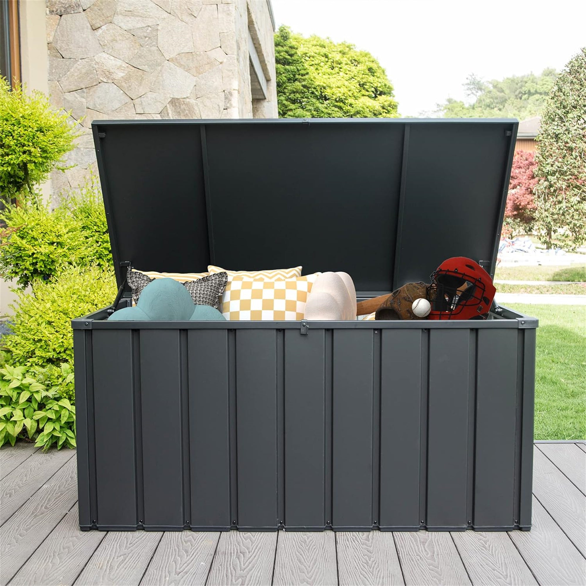 120 Gallon Waterproof Outdoor Storage Deck Box - Large Lockable Patio Storage Bin for Cushions, Pillows, Garden Tools (Dark Gray) | Perfect for Backyard, Poolside & Patio Organization