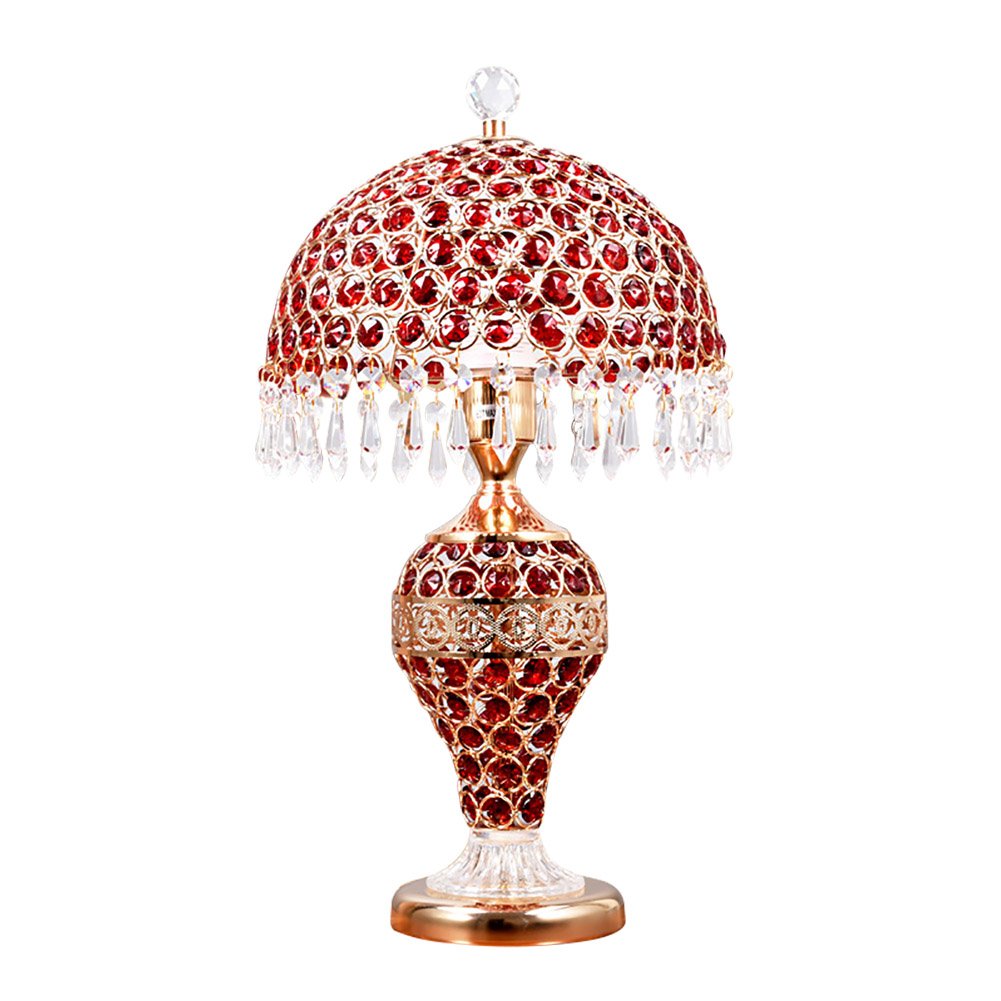 Elegant Double Button Crystal Table Lamp with Iron Lampshade - 48cmX25cm Bedside Lighting (Red) for Bedroom, Living Room & Office Decor