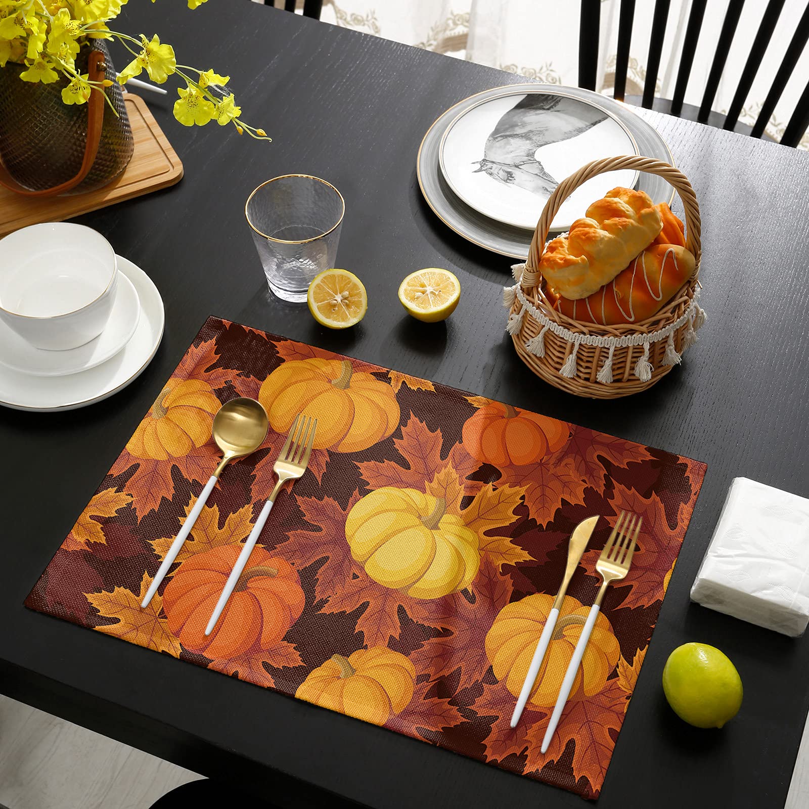 6 Pack Fall Thanksgiving Placemats - Pumpkin Harvest Waterproof Table Mats for Dining & Kitchen, Wipeable Farmhouse Decor (Orange) - Perfect for Autumn Gatherings, Holiday Dinners & Cozy Home Decor
