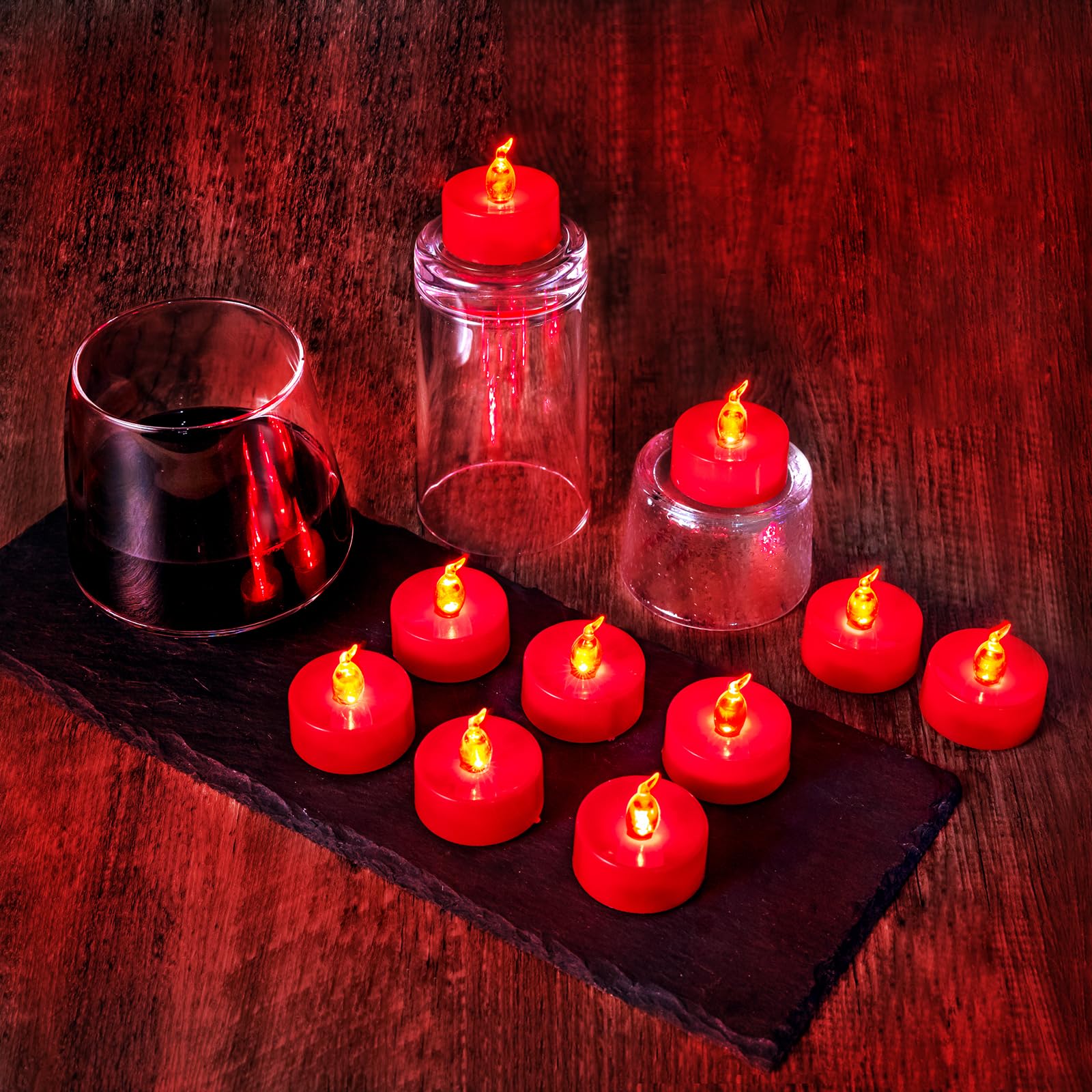 24 PCS Red Flickering Flame LED Tea Lights - Battery Operated Flameless Candles for Halloween, Christmas, Weddings & Home Decor - Safe Realistic Fake Candles with No Remote/Timer