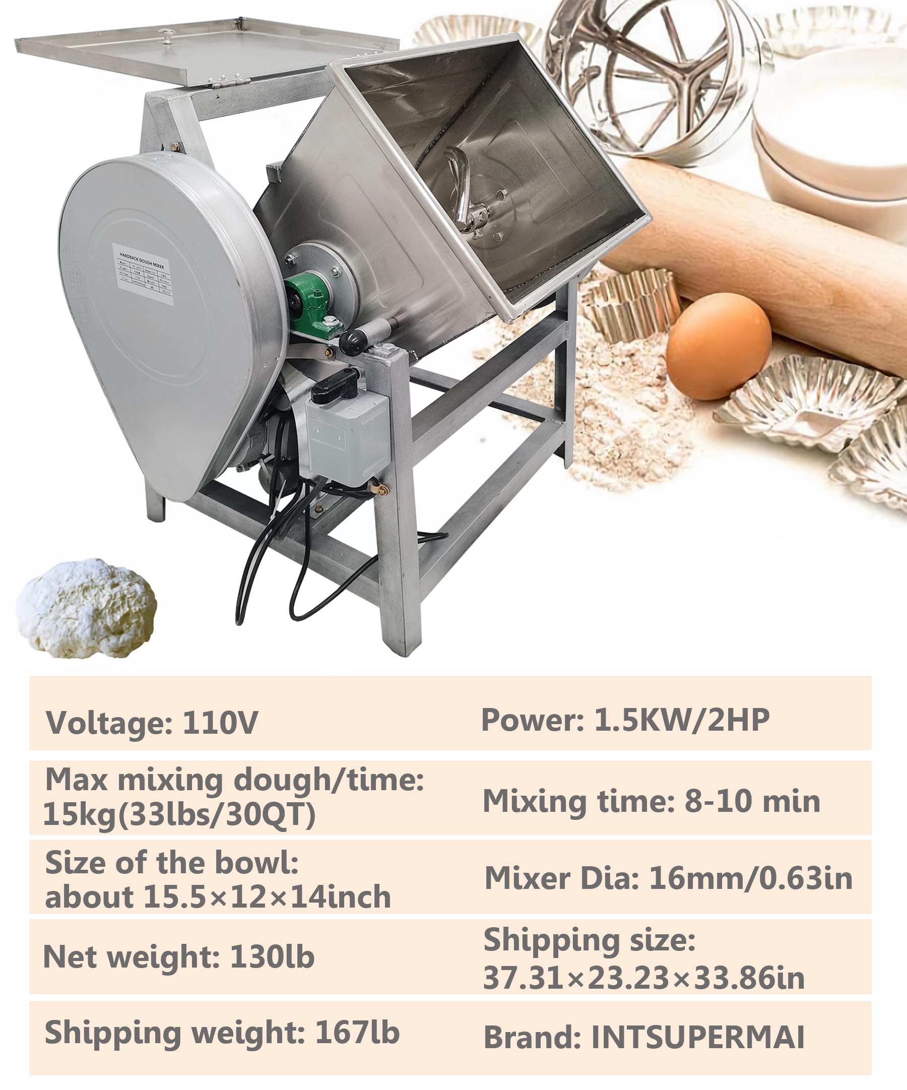 INTSUPERMAI 1500W Commercial Dough Mixer - 15KG/30QT Electric Flour Mixer with 90° Tilt Bowl for Baking, Pizza, Bread & Pastry Dough - Perfect for Bakeries, Restaurants & Home Kitchens