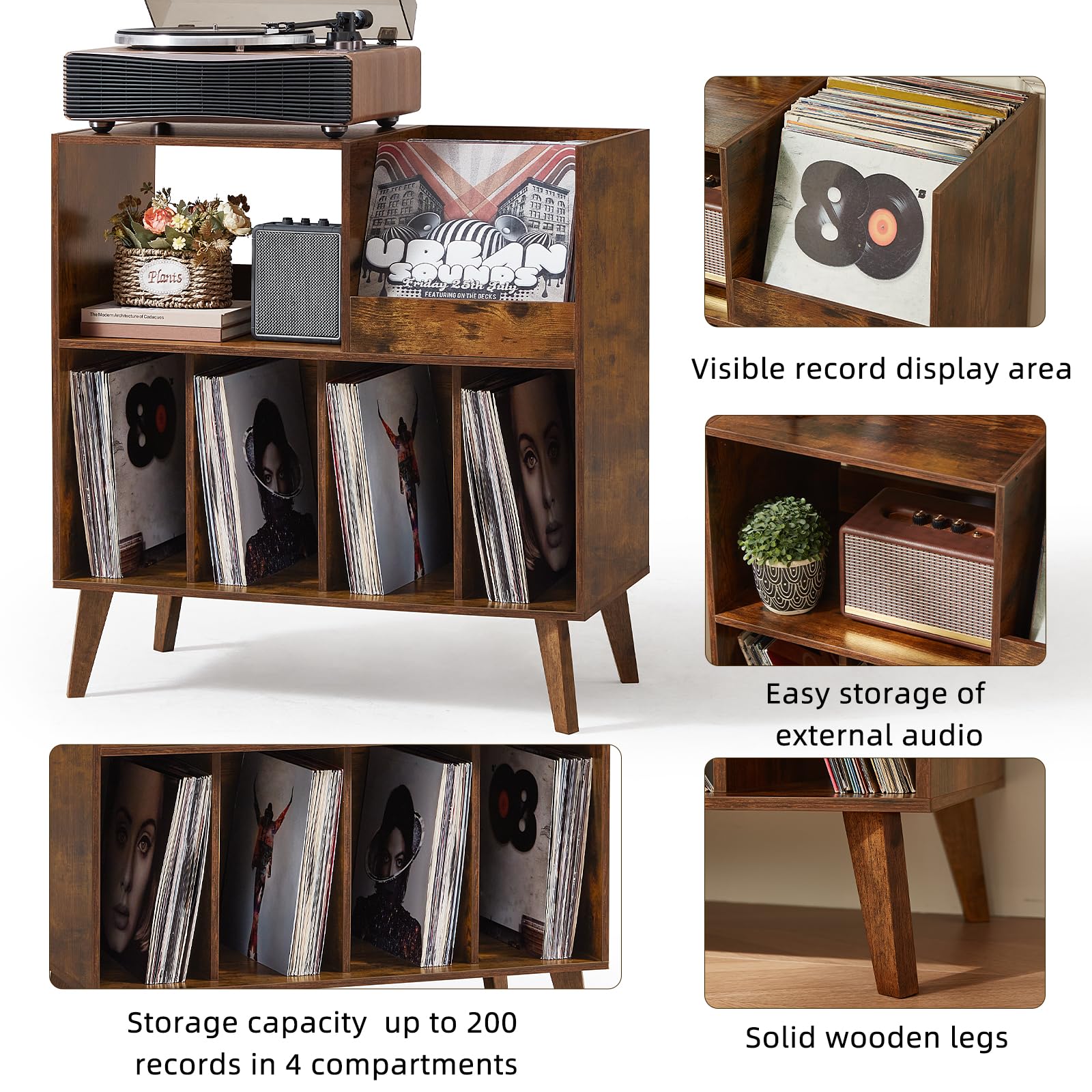 LELELINKY Large Wooden Record Player Stand with Storage - Holds 300 Vinyl Albums, Turntable Display Shelf for Living Room & Music Room - Perfect for Vinyl Collectors & Audiophiles (Brown)