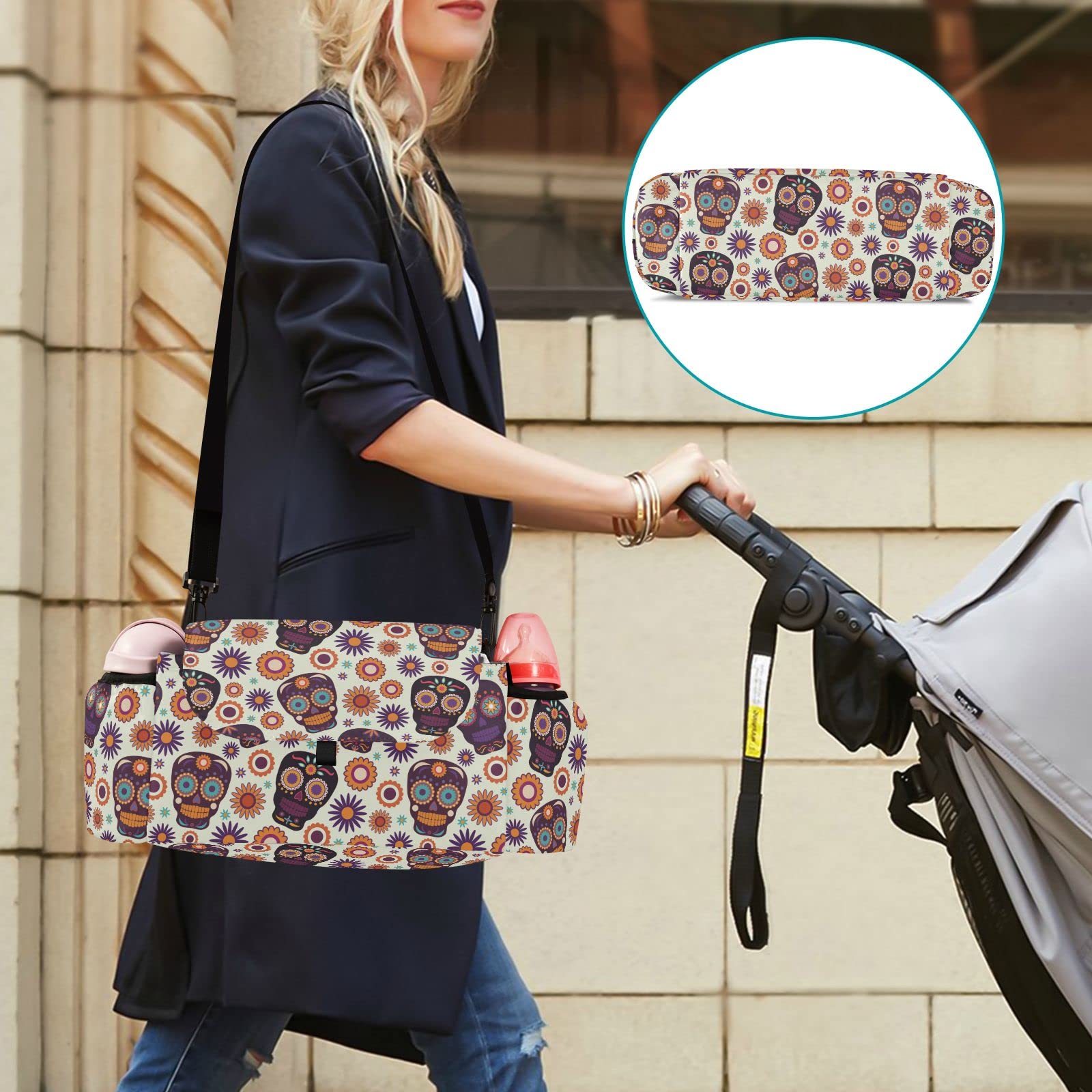 Universal Baby Stroller Organizer Bag with 2 Cup Holders & Adjustable Strap - Large Diaper Tote for Essentials - Fits All Strollers for Boys & Girls - Perfect for Travel, Shopping & Halloween Skull Theme