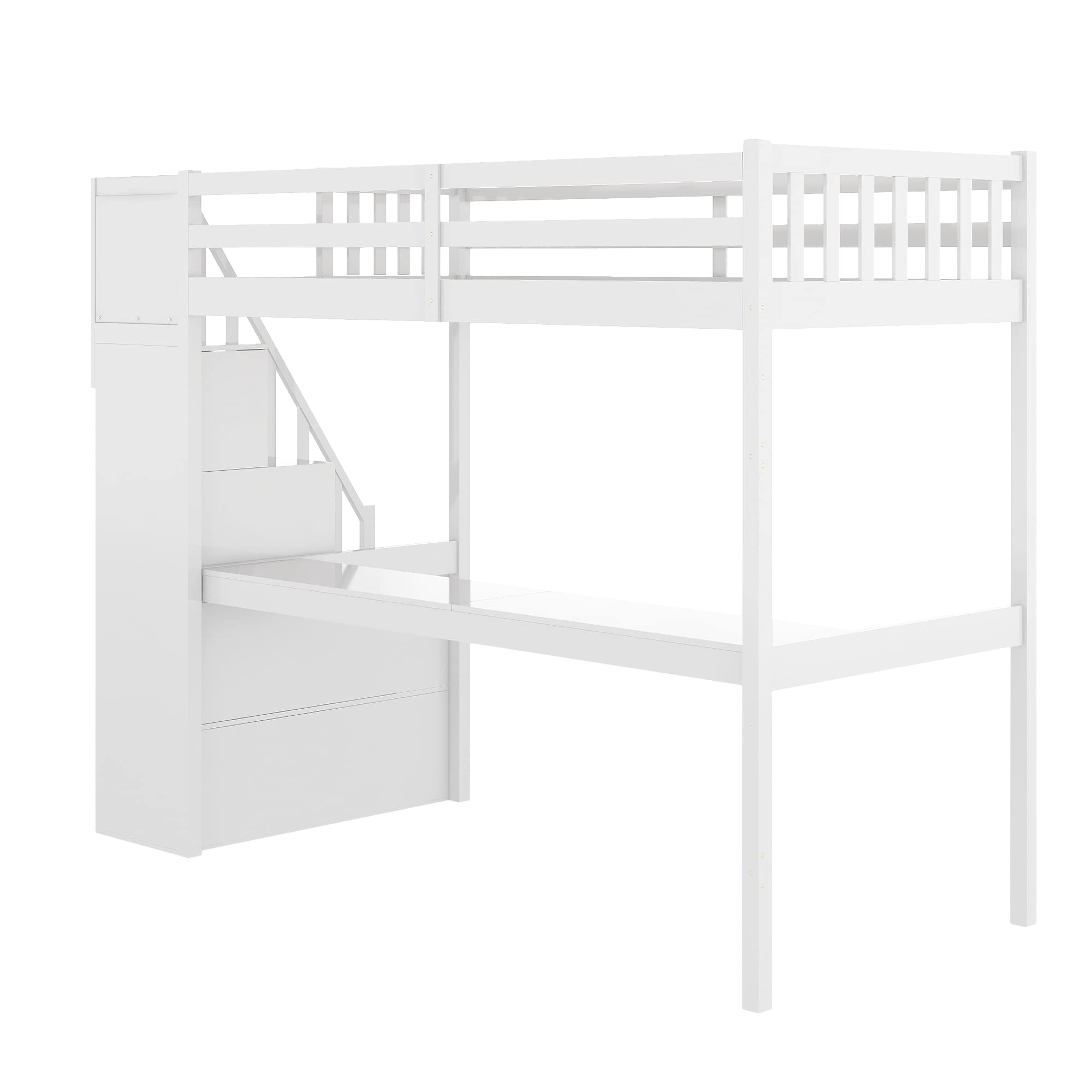 Merax Twin Size Loft Bed with Staircase, Built-in Desk & Safety Guardrails - No Box Spring Needed, White - Perfect for Kids Bedrooms, Small Spaces & Dorm Rooms