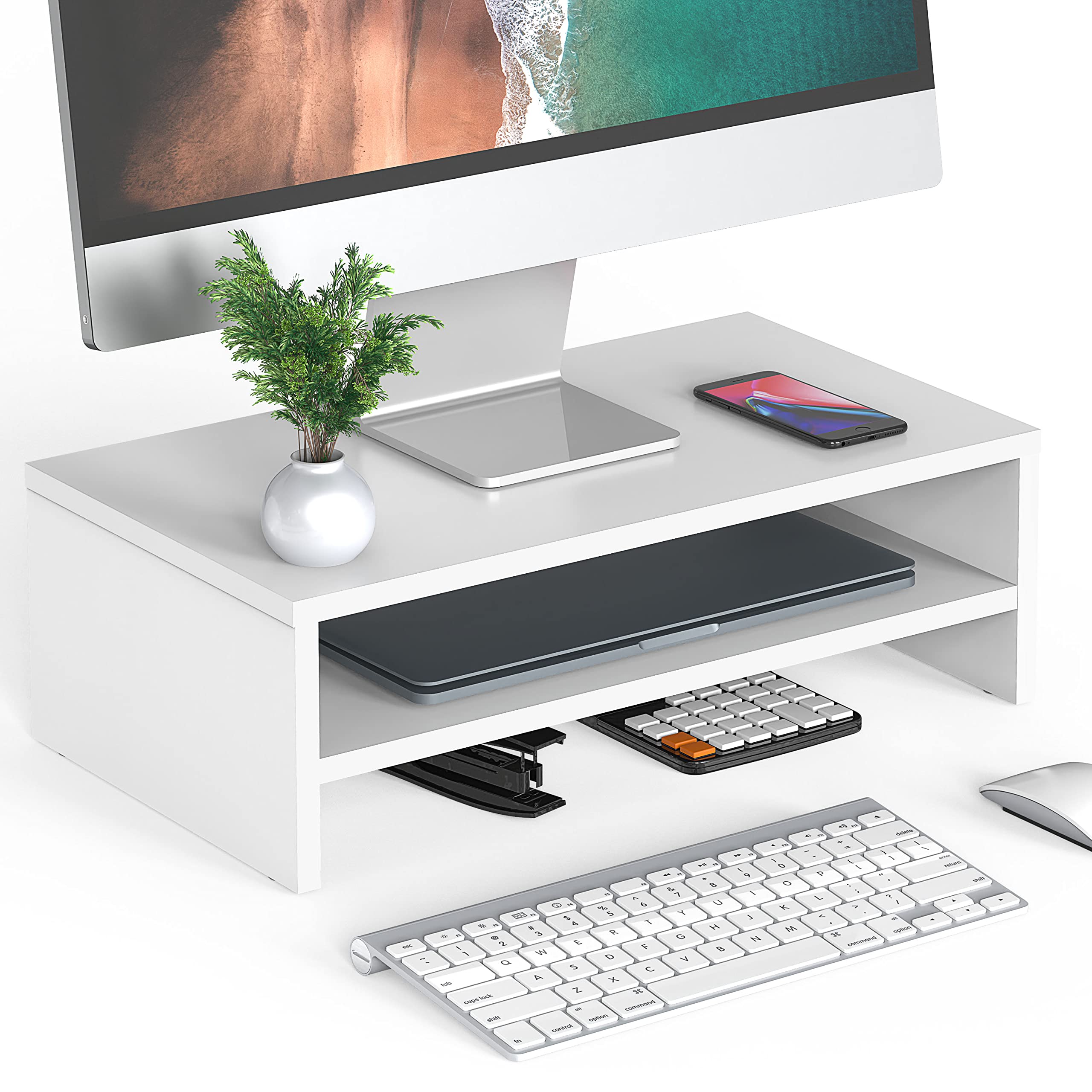 FITUEYES 16.7 Inch 2-Tier Wooden Monitor Stand Riser with Storage Shelf - White Computer Desk Organizer for Laptop, Home Office Supplies (DT204205WW) | Perfect for Workspace Organization & Ergonomic Setup