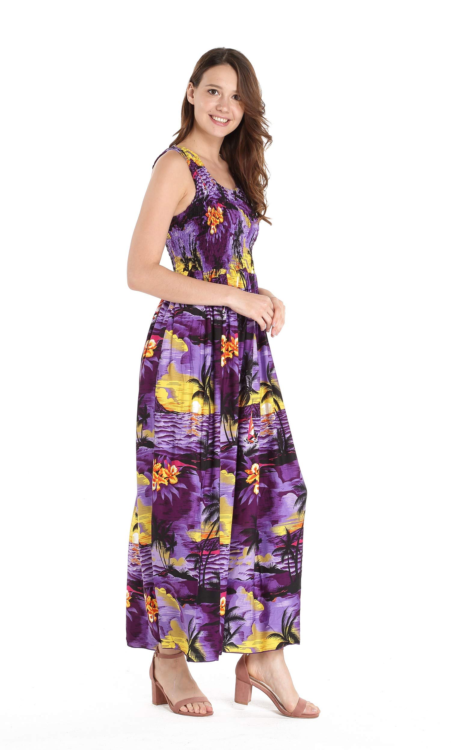 Women's Hawaiian Maxi Tank Dress - Elastic Waist Luau Summer Dress with Sunset Floral Print | Beach Vacation, Pool Party, Tropical Getaway Outfit