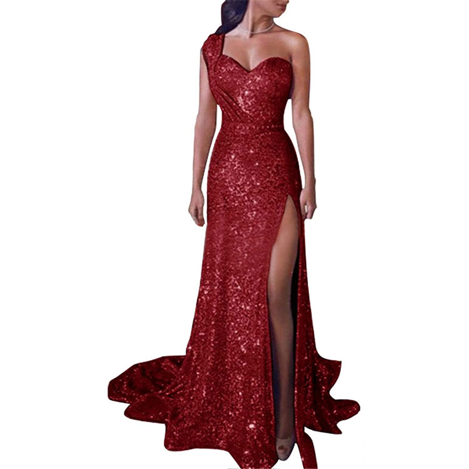 UIKMNH Women's Elegant Sleeveless Sequin Evening Gown - One Shoulder Sparkly Long Dress with High Slit for Prom, Party & Formal Events | Perfect for Summer Galas, Weddings & Cocktail Dinners