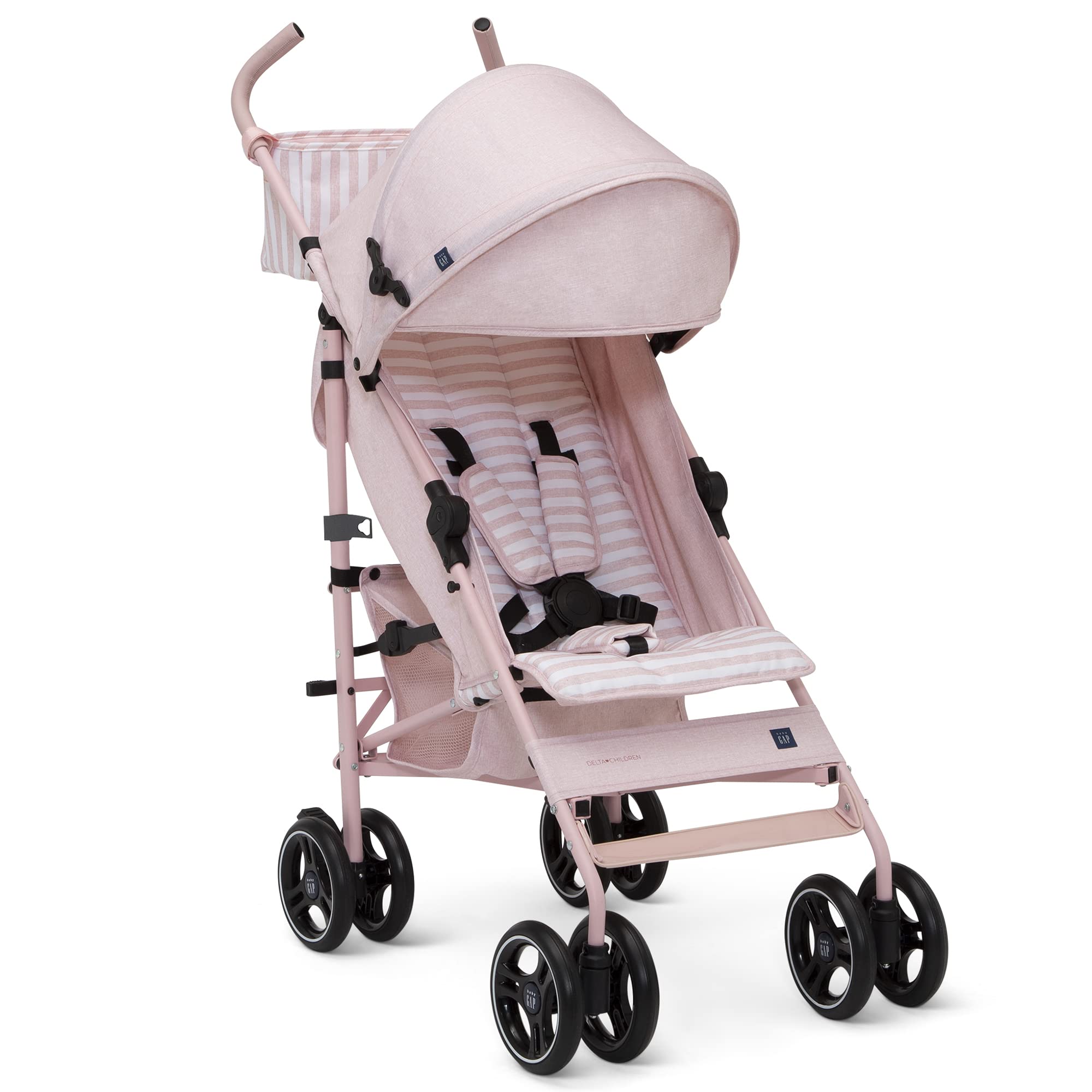 BabyGap Classic Lightweight Stroller with Recline - Compact Foldable Travel Stroller with Removable Parent Organizer - Eco-Friendly Sustainable Baby Stroller in Pink Stripes - Perfect for Newborns, Toddlers & Air Travel