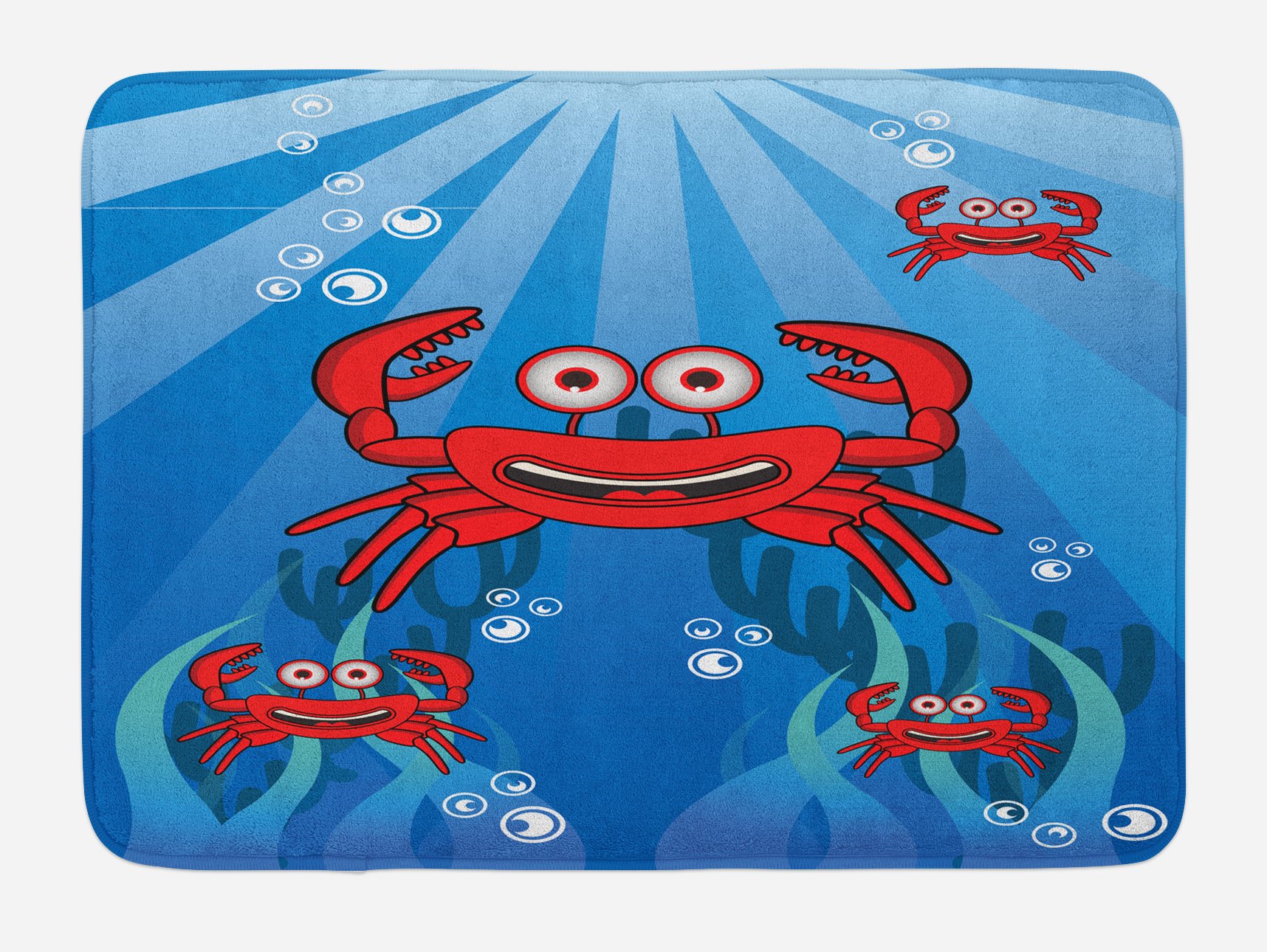 Ambesonne Non-Slip Plush Bath Mat with Funny Smiling Crabs Underwater Design, 30.2 x 20 Inches, Blue & Red - Soft Bathroom Rug for Kids and Adults, Perfect for Bathroom Decor and Safety