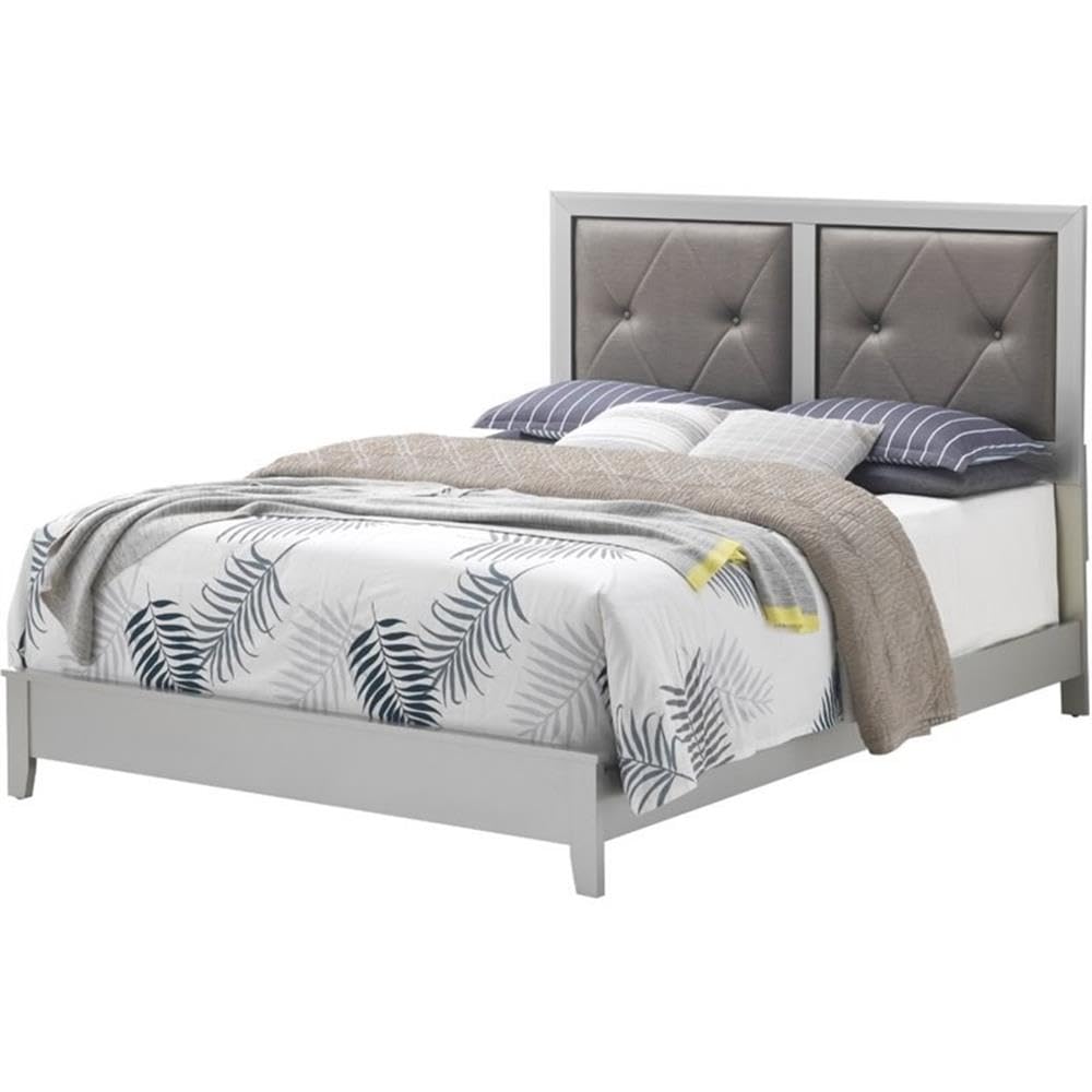 Glory Furniture Primo Full Panel Bed in Silver Champagne - Modern Platform Bed Frame with Upholstered Headboard - Perfect for Master Bedroom & Guest Room Decor