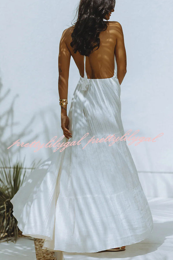 Laelia Women's Linen Blend Halter Backless Maxi Dress with Side Slit - Beach Cover Up, Summer Party, Boho Chic Outfit