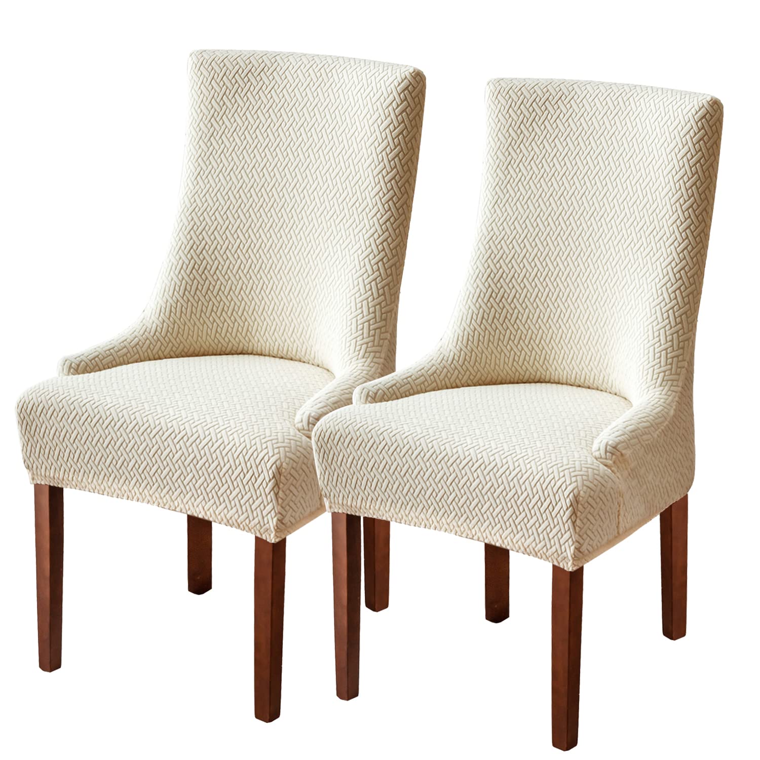 Stretch Diagonal Stripes Wingback Chair Slipcovers - Washable Reusable Armchair Protector Covers Set of 2, Beige - Perfect for Dining Room Chairs, Kitchen Chairs & Living Room Furniture Protection