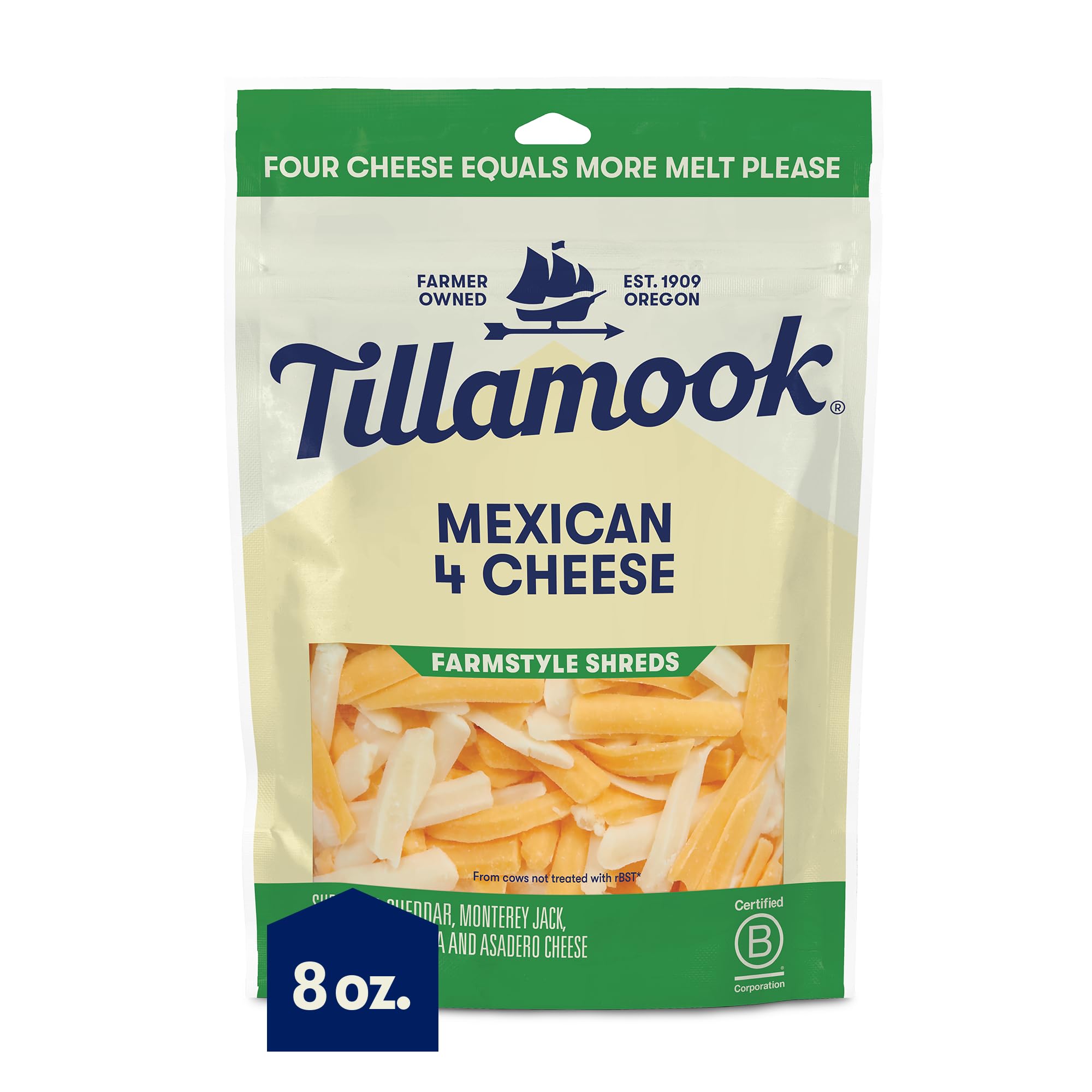 Tillamook Mexican 4 Cheese Blend Shredded Cheese - 8 oz Pack | Perfect for Tacos, Nachos & Quesadillas | Authentic Mexican Flavor | Gluten-Free