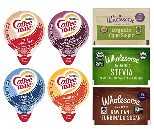 Coffee Mate Liquid Creamer 4 Flavor Variety Pack (100 Count) & Wholesome Sugar Packet Assortment (200 Count) - Perfect for Coffee Shops, Offices, and Home Use