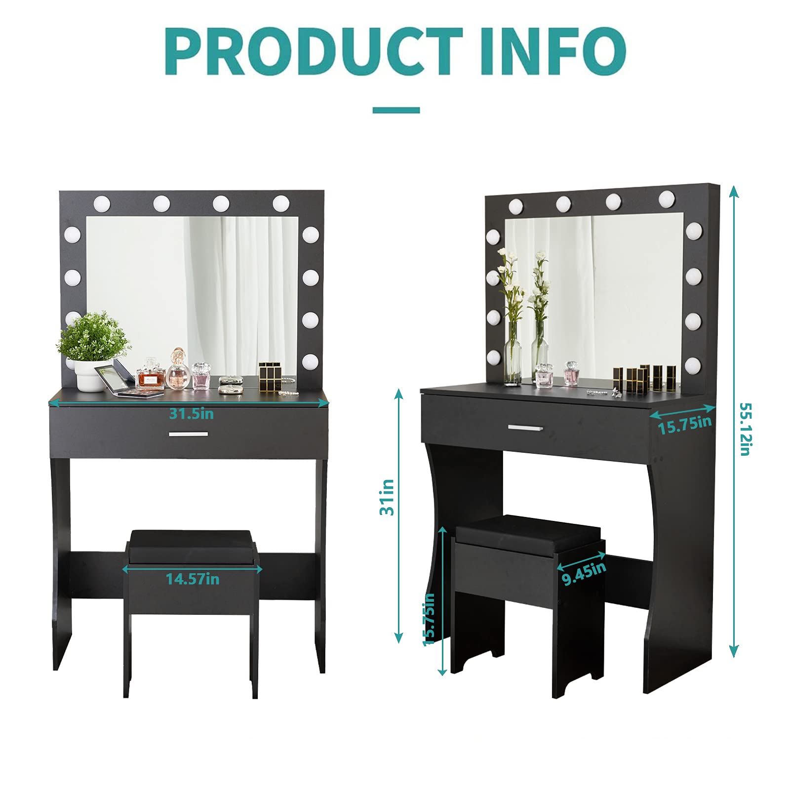 Black Vanity Desk with Mirror & LED Lights - Adjustable Brightness, Large Drawer & Sturdy Wood Makeup Vanity (31.5 Inch) - Perfect for Bedroom, Dressing Room & Beauty Salon