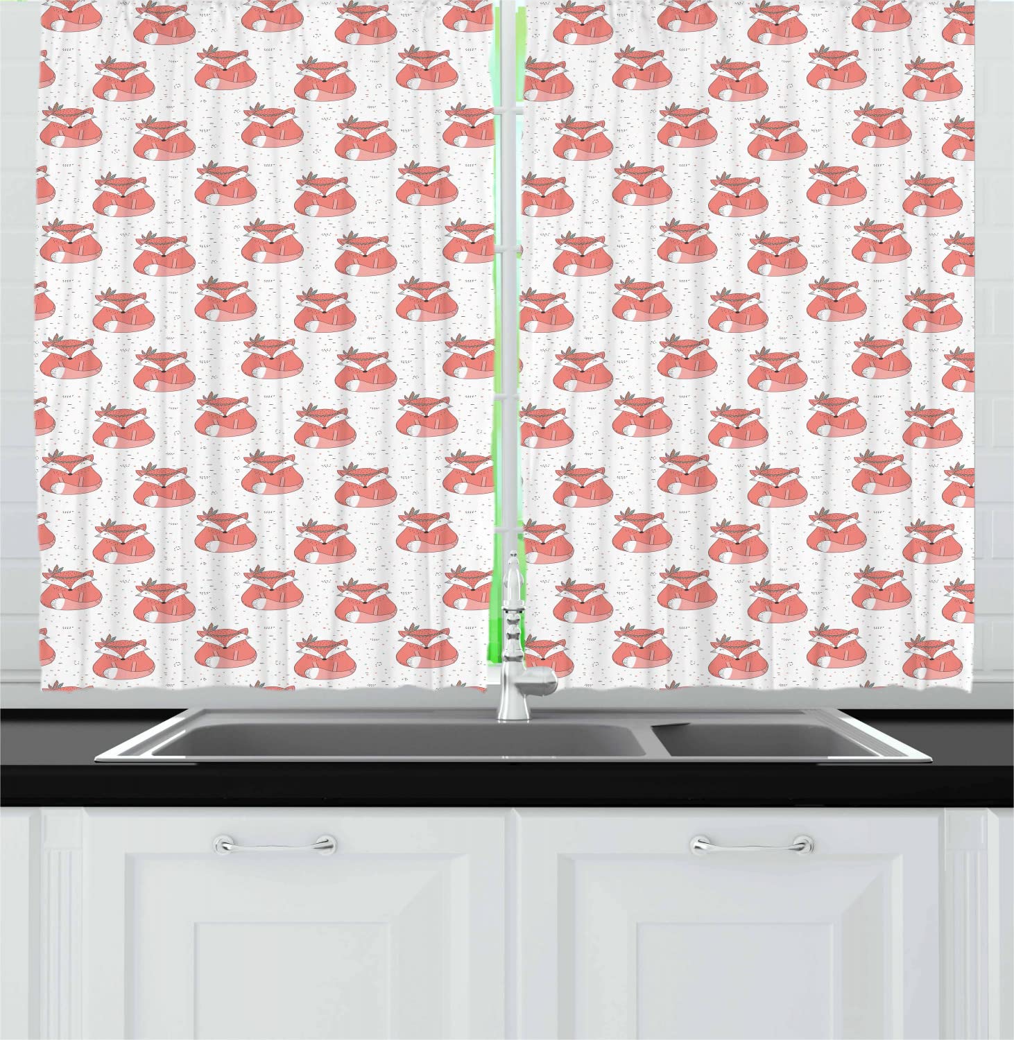 Ambesonne Fox Print Long Kitchen Curtains - Hand Drawn Forest Animal Design with Dotted Background, 2 Panel Rod Pocket Drapes, 55