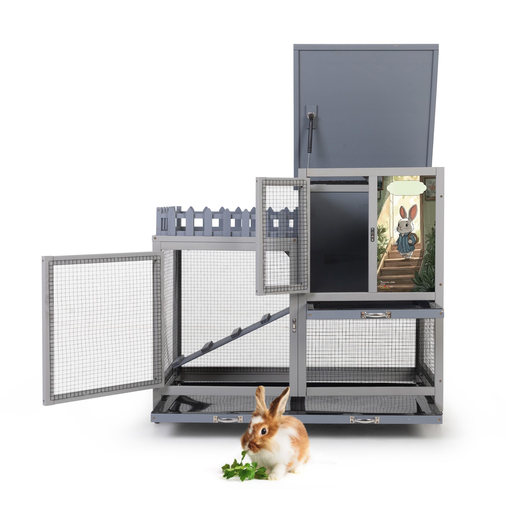Premium Wooden Rabbit Hutch with Balcony - Indoor/Outdoor Bunny Cage on Wheels for Small Pets, Includes Ramp, Pull-Out Tray & Water Bottle (Grey Pattern) - Perfect for Backyard, Patio or Home Decor