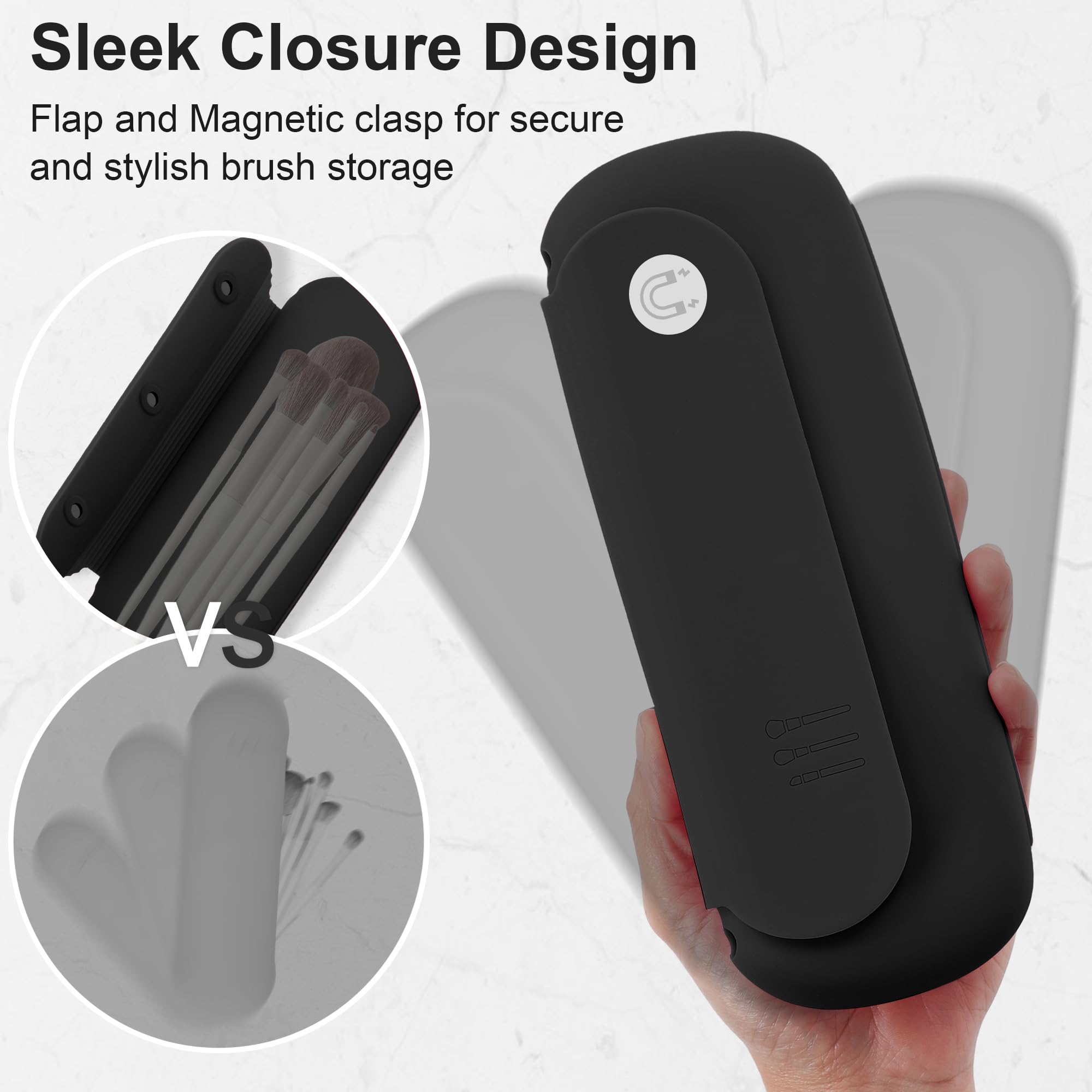Portable Silicone Travel Makeup Brush Holder with Built-in Cleaner | Waterproof Cosmetic Brush Organizer Case | Compact Makeup Tools Storage for On-the-Go | Perfect for Travel, Gym Bag & Daily Cosmetics Organization (Black)