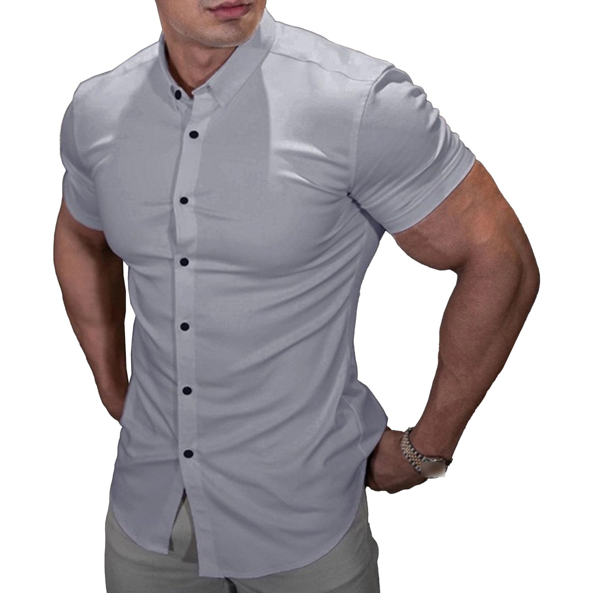 Men's Slim Fit Stretch Dress Shirts - Athletic Muscle Fit Short Sleeve Button Down Casual Shirt for Summer | Perfect for Office, Business Casual & Outdoor Events