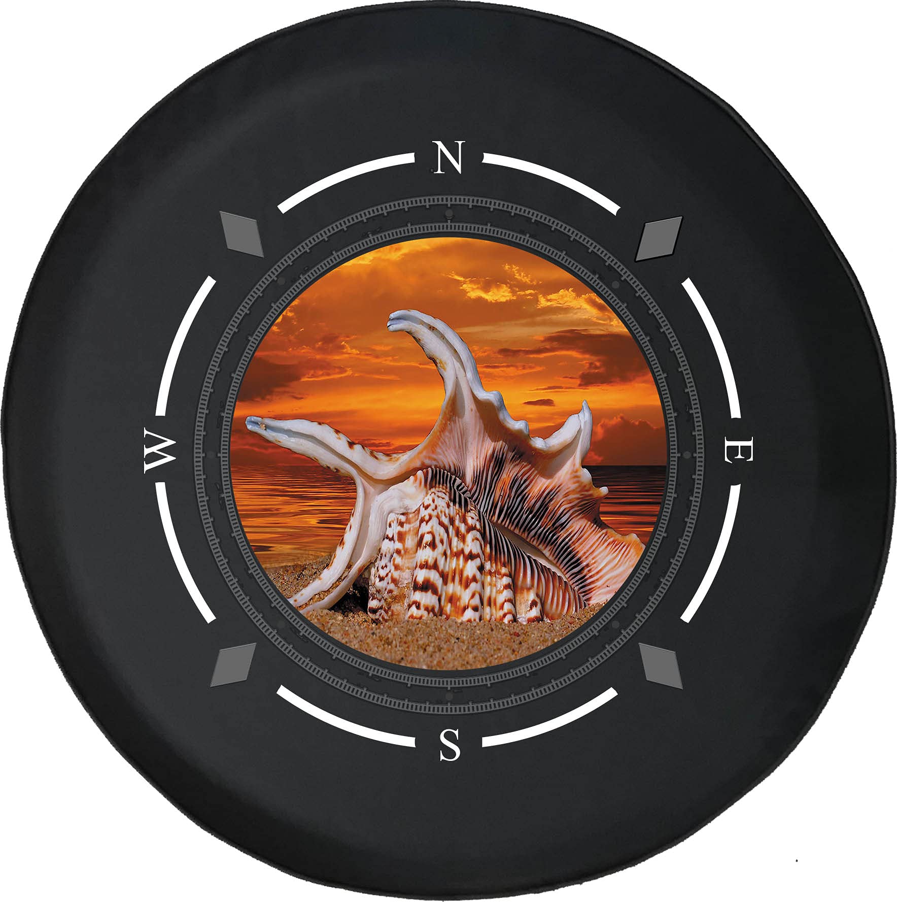 American Unlimited Spare Tire Cover - Compass Orange Sunset Beach Seashell Design - Universal Fit for SUV, Trailer, RV & Most Vehicles - Durable Wheel Protector for Off-Road Adventures & Beach Camping