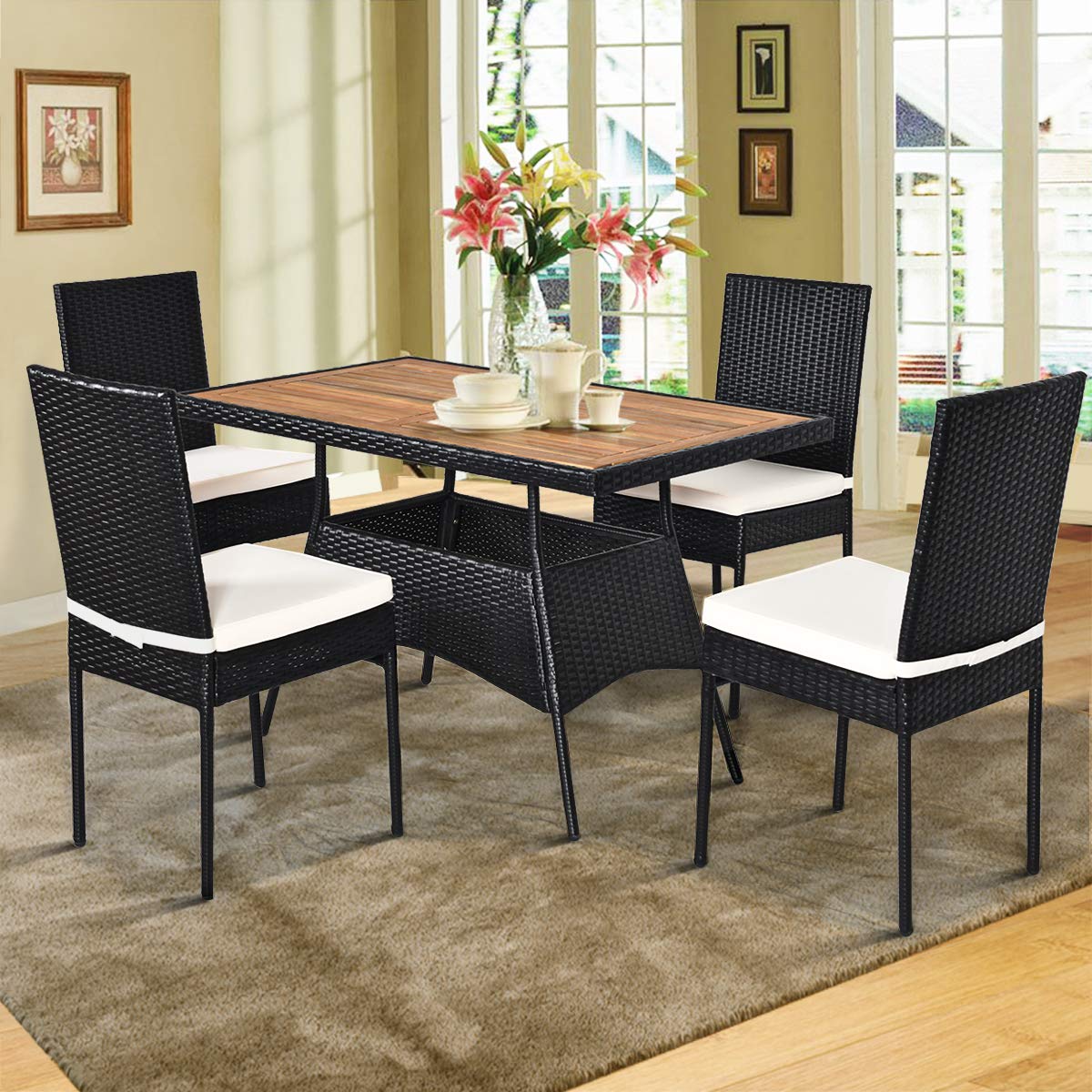Tangkula 5-Piece Wicker Patio Dining Set - Outdoor Rattan Table & Chairs with Cushions, Acacia Wood Furniture for Garden, Balcony, Poolside & Backyard | Perfect for Outdoor Entertaining & Relaxation