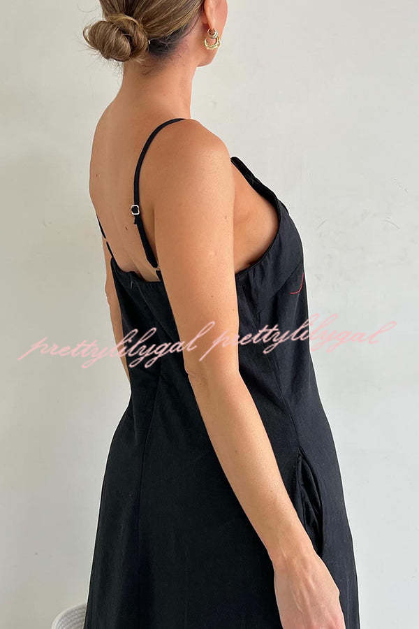 Vacay Ready Linen Blend Floral Embellished Pocket Maxi Dress with Side Slit - Perfect for Beach Vacations, Summer Weddings & Boho Chic Outfits