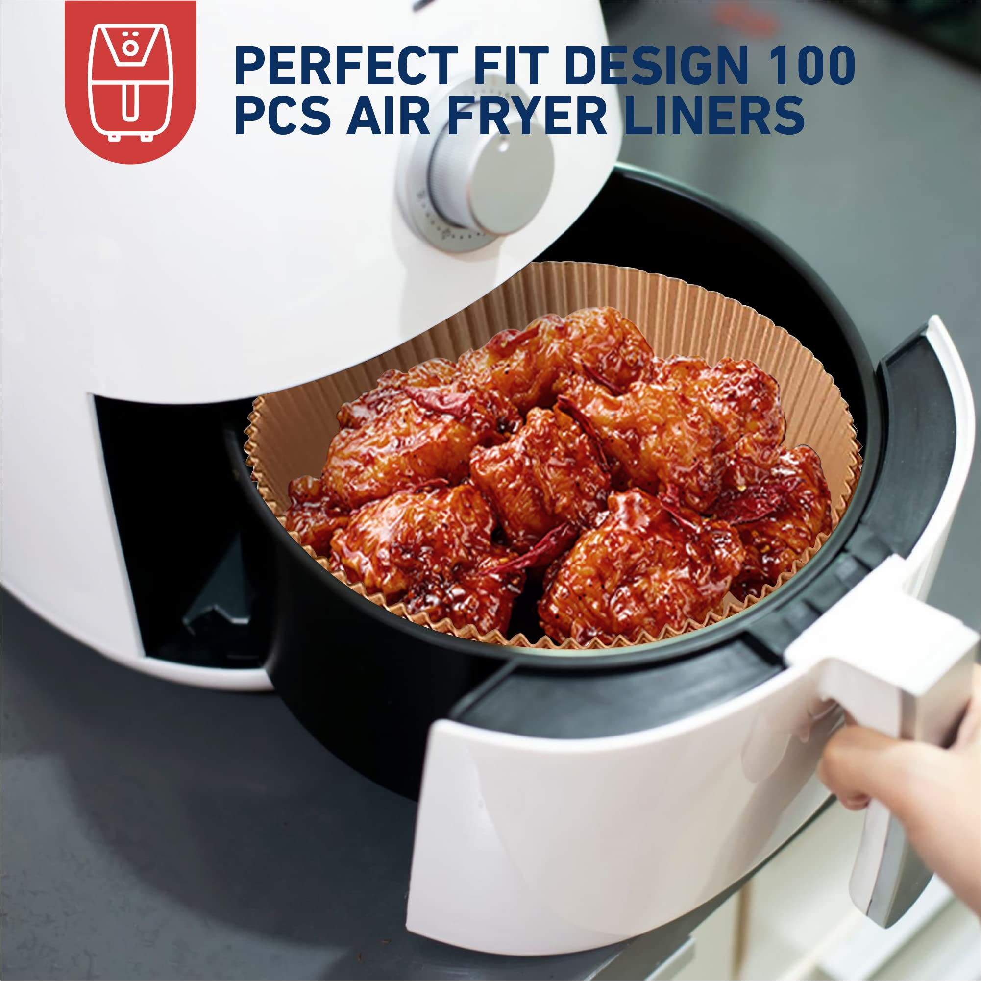 RAJA UNCLE 100PCS 6.3 Inch Round Air Fryer Liners - Disposable Non-Stick Greaseproof Paper Liners for COSORI, Ninja & Tower Air Fryers - Perfect for Cooking Chicken Wings, French Fries & Healthy Snacks