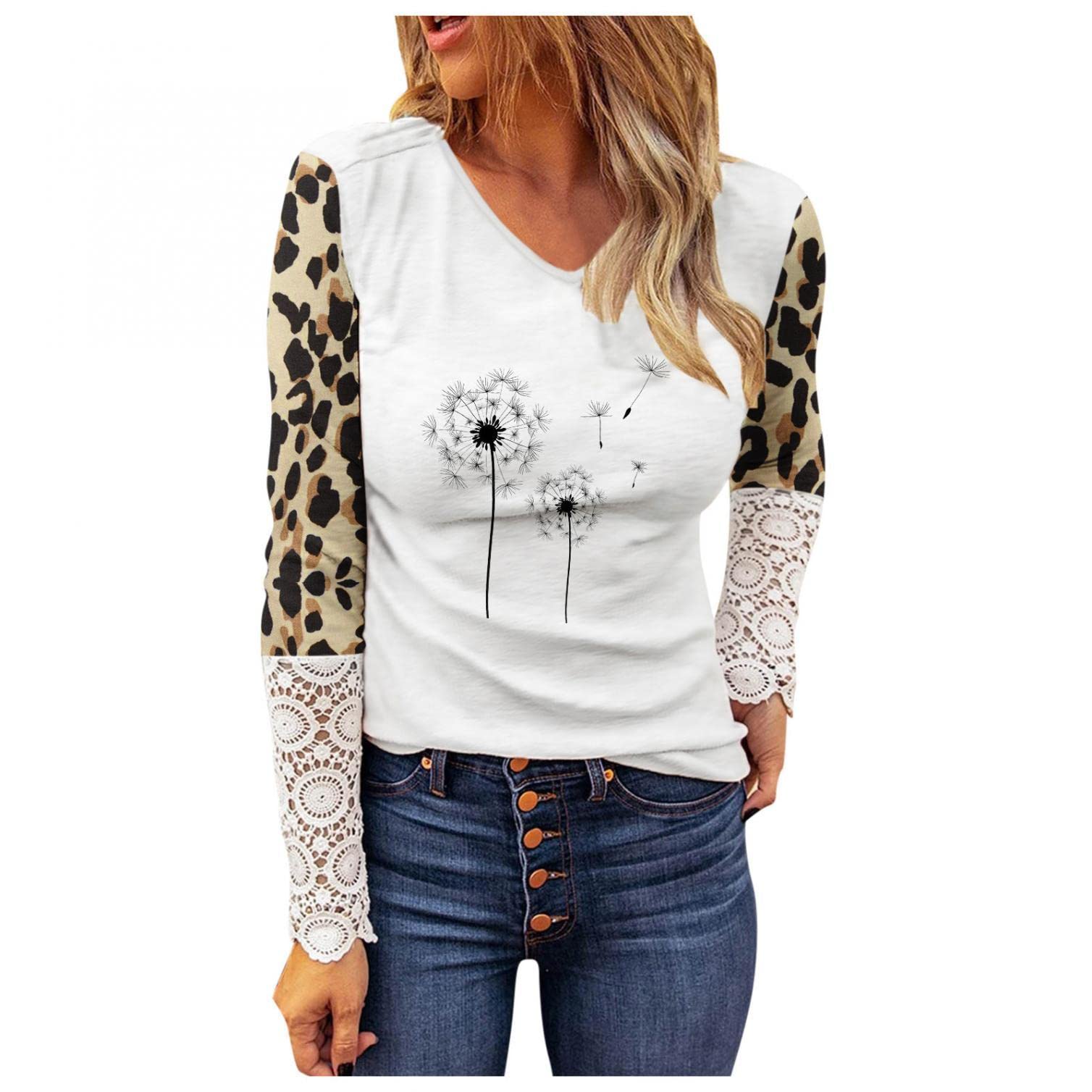 Women's Long Sleeve V-Neck Lace Trim Tops - Trendy Printed Patchwork Casual Shirts for Fall & Summer | Perfect for Office Wear, Date Nights & Casual Outings