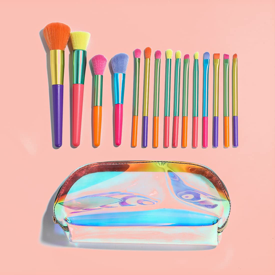 15-Piece Premium Synthetic Rainbow Makeup Brush Set - Professional Kabuki, Face Powder, Blush & Foundation Brushes with Travel Case | Perfect for Makeup Artists & Beginners (Colorful Cosmetic Brush Kit) - Ideal for Home, Travel & Professional Makeup Application