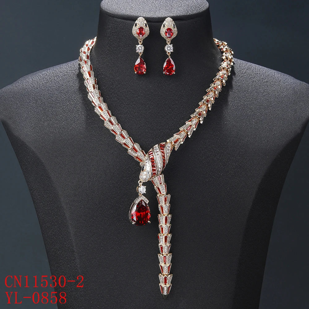 Luxury Cubic Zirconia Snake Necklace & Earrings Set for Women - Animal Jewelry for Party, Evening & Special Occasions - Fashion Costume Accessories CN11527T