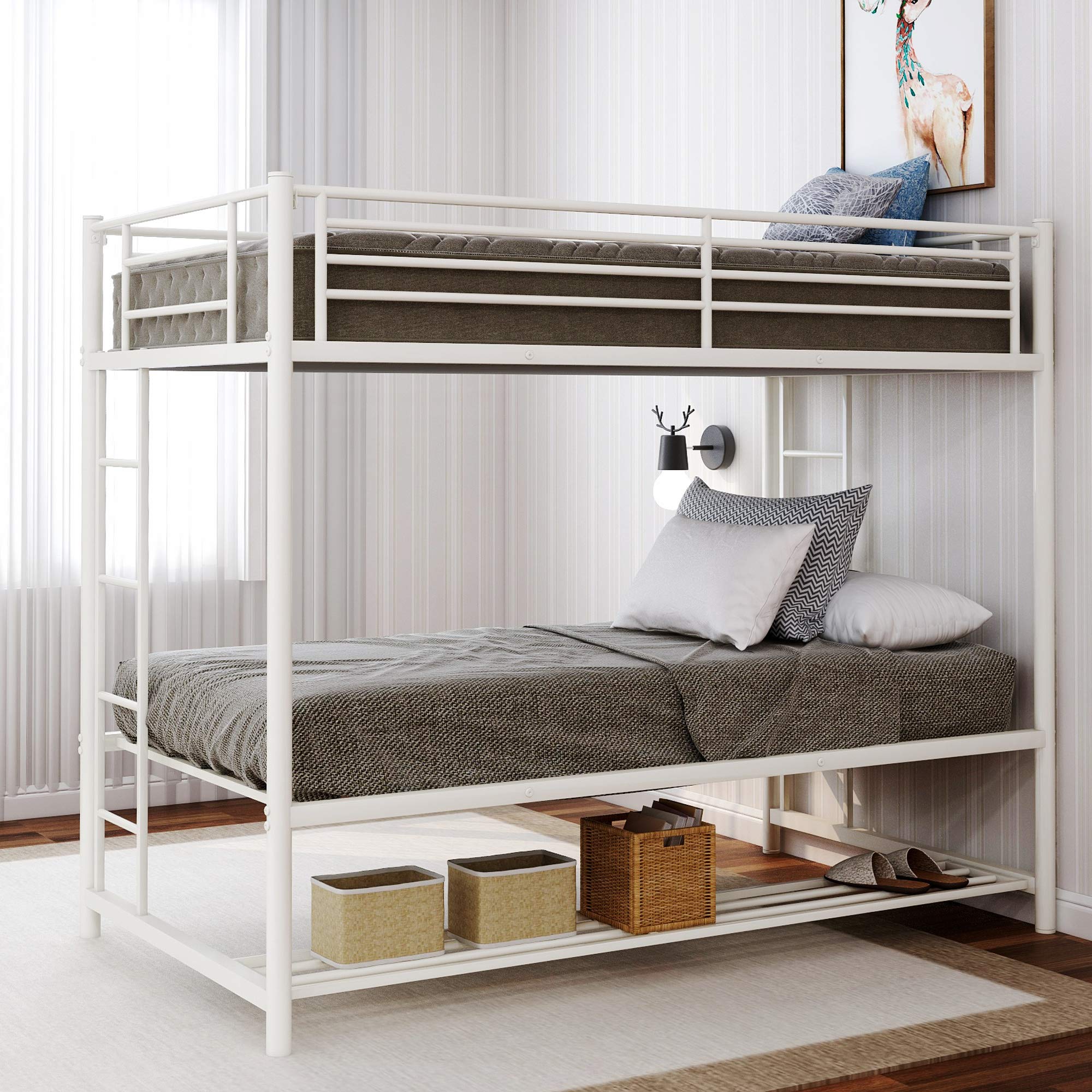 Metal Twin Over Twin Bunk Bed with Storage & Ladder - Kids Space-Saving Bed with Safety Rail - Perfect for Small Bedrooms, Dorms & Shared Kids Rooms (#1 White)