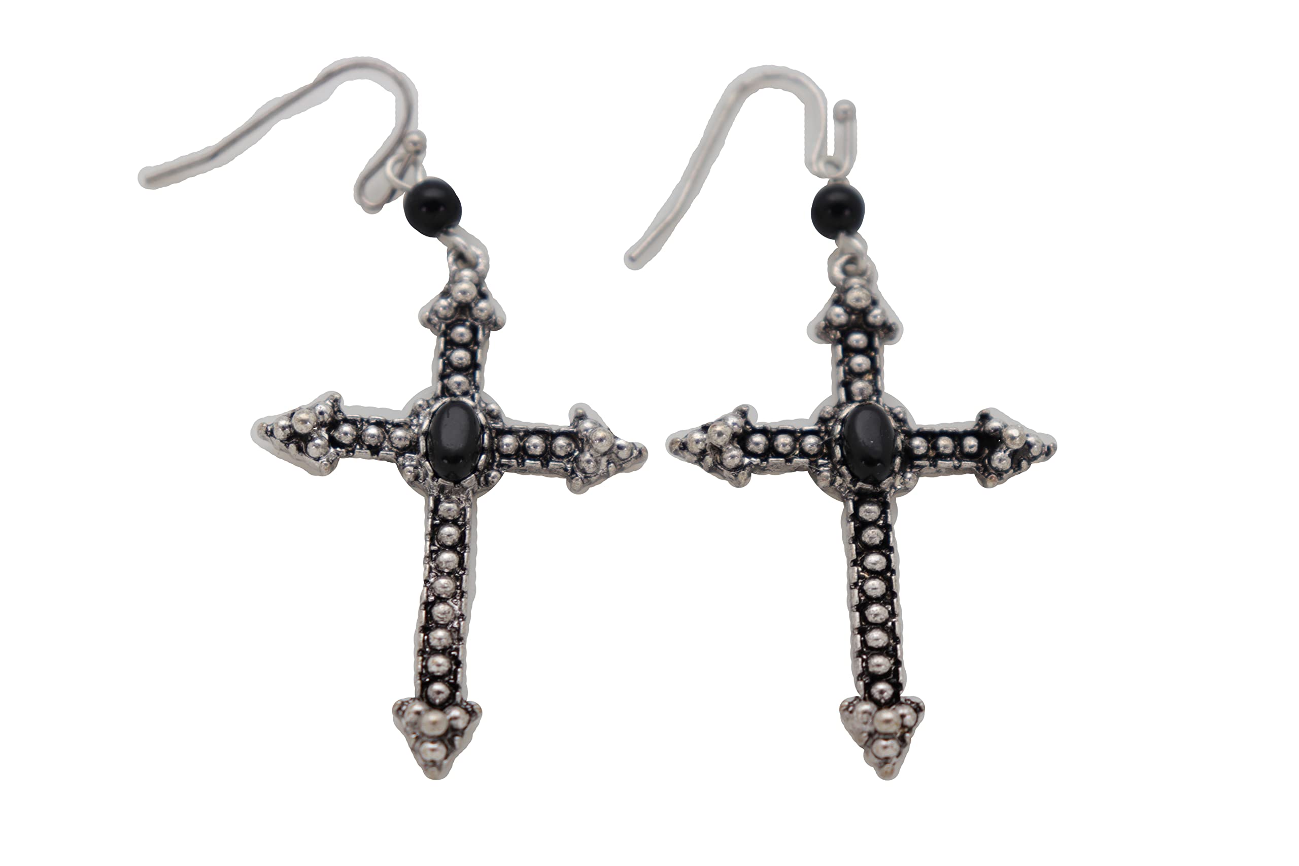 Antique Silver Christian Cross Hook Earrings for Women - Gothic Punk Fashion Jewelry - Perfect for Parties, Concerts, and Everyday Wear