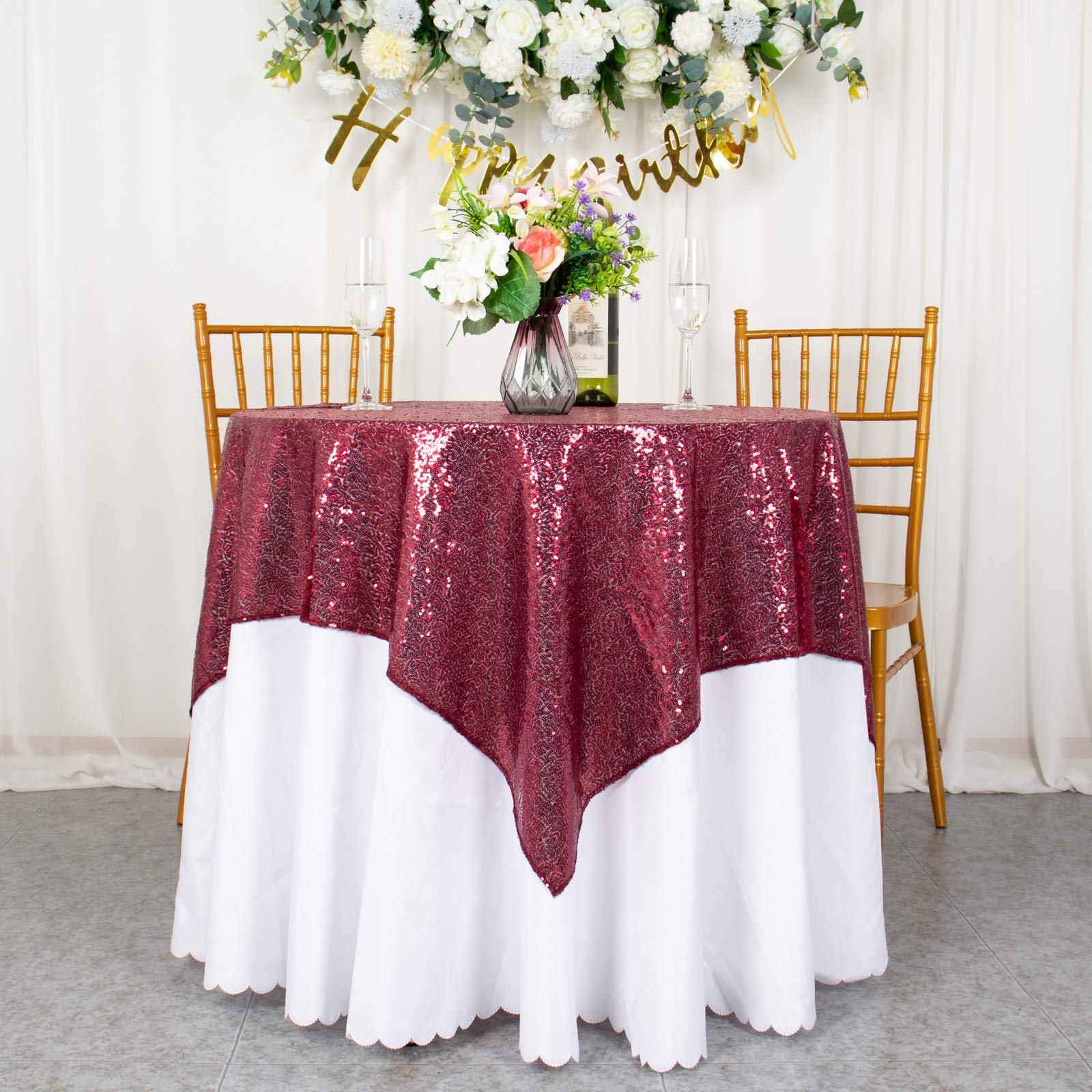 AMZLOKAE 50x50 Burgundy Sequin Tablecloth - Glitter Square Table Overlay for Dining, Thanksgiving, and Party Decor - Sparkle Table Cover for Kitchen, Events, and Special Occasions