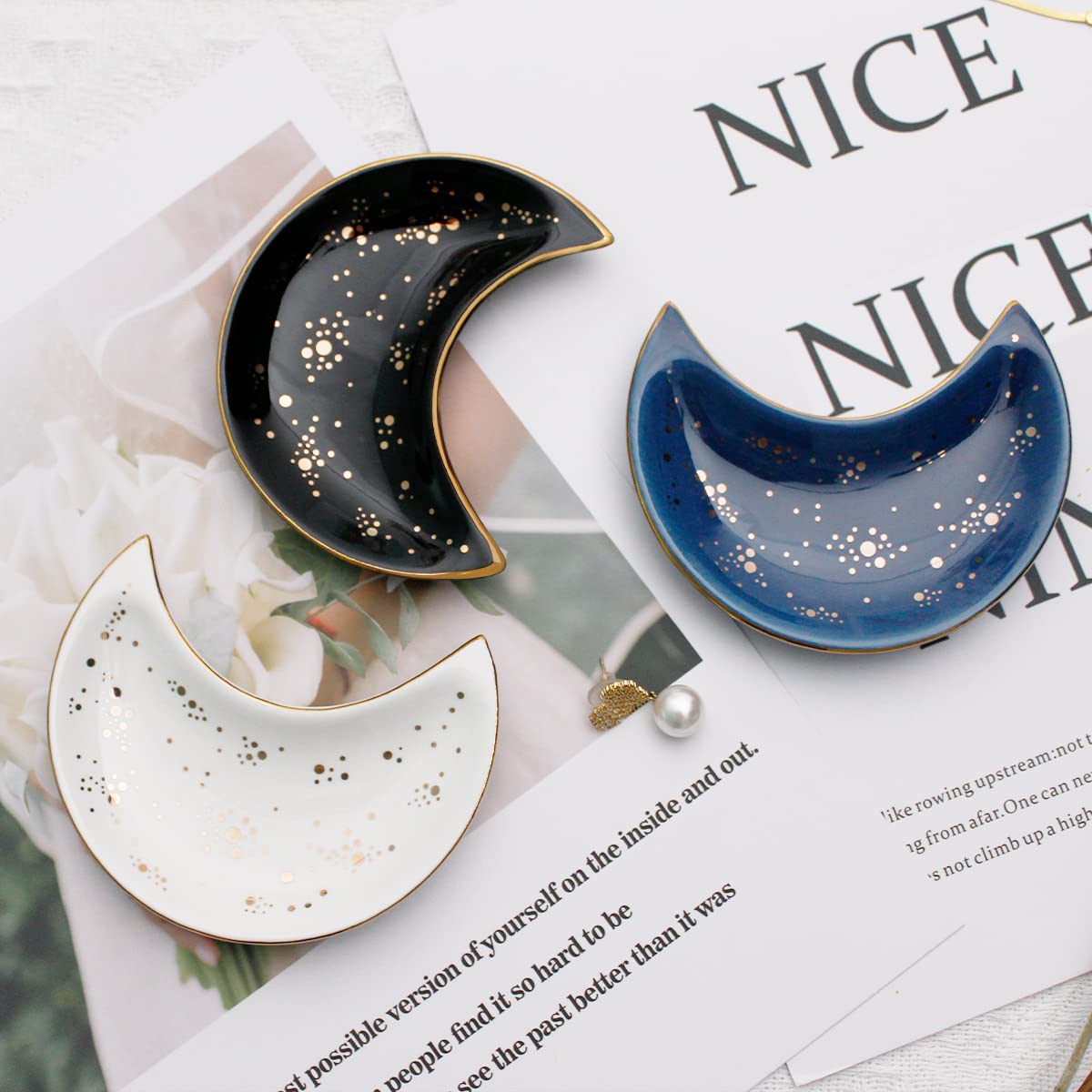 Soddeph Small Moon Ceramic Jewelry Tray - Elegant Decorative Trinket Dish & Ring Holder Plate for Bathroom, Nightstand, Vanity - Blue Ceramic Catchall Tray for Jewelry Organization & Home Decor (Perfect for Gifts, Wedding Favors & Bridesmaid Presents)