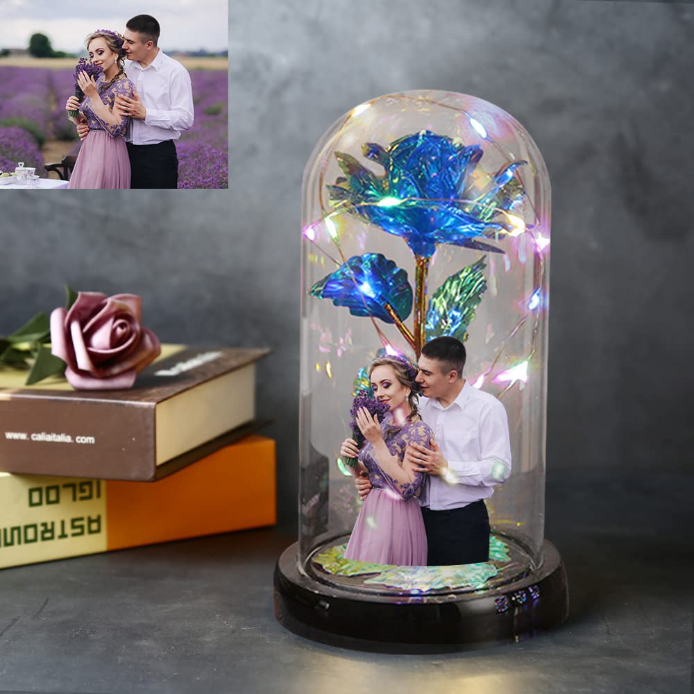 Custom Photo LED Rose in Glass Dome - Personalized Artificial Flower Gift for Women, Valentine's Day, Mother's Day, Birthday & Anniversary - Romantic Home Decor & Special Occasion Present