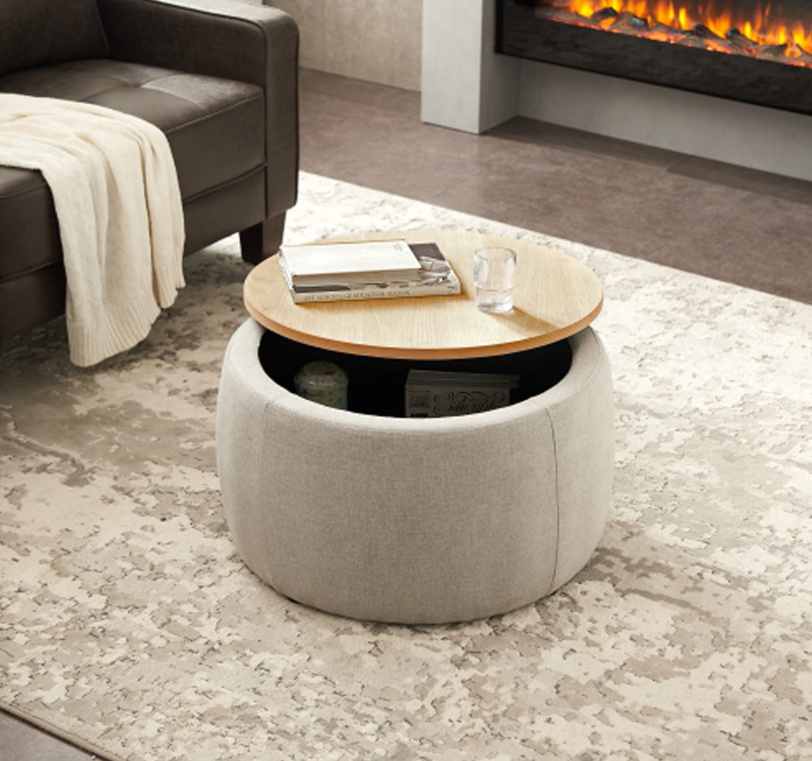 Modern Round Storage Ottoman with Reversible Wooden Tray - 5-in-1 Multifunctional Coffee Table, End Table & Living Room Storage Bench (25.5