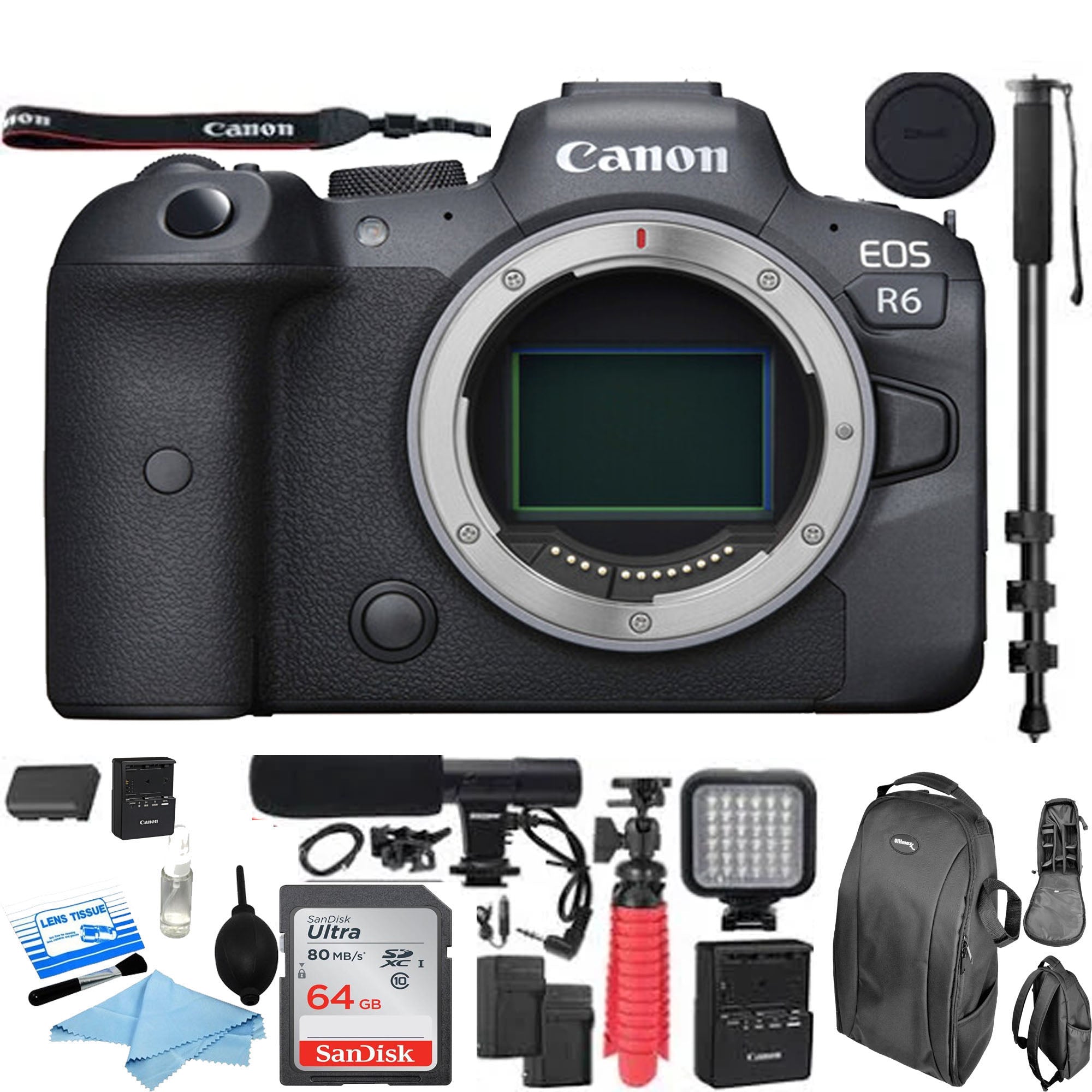 Canon EOS R6 Full Frame Mirrorless Camera Body with 4K Video, Microphone, LED Light & Monopod Kit - Perfect for Vlogging, Photography & Travel