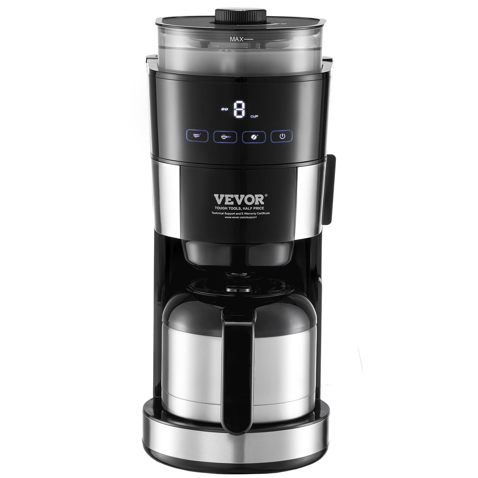 VEVOR 8-Cup Programmable Coffee Maker with Built-in Grinder - 3 Brew Strength Control, Reusable Filter & Removable Water Tank - Perfect for Home, Office & Restaurant Use - Freshly Ground Coffee Anytime