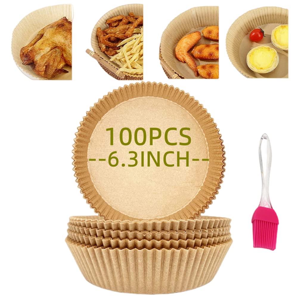 100 Pcs Air Fryer Disposable Paper Liners - 6.3 Inch Non-Stick Round Parchment Sheets, Oil Resistant & Waterproof Food Grade Baking Paper for Microwave, Oven & Air Fryer (Unbleached, Natural) - Perfect for Healthy Cooking & Easy Cleanup