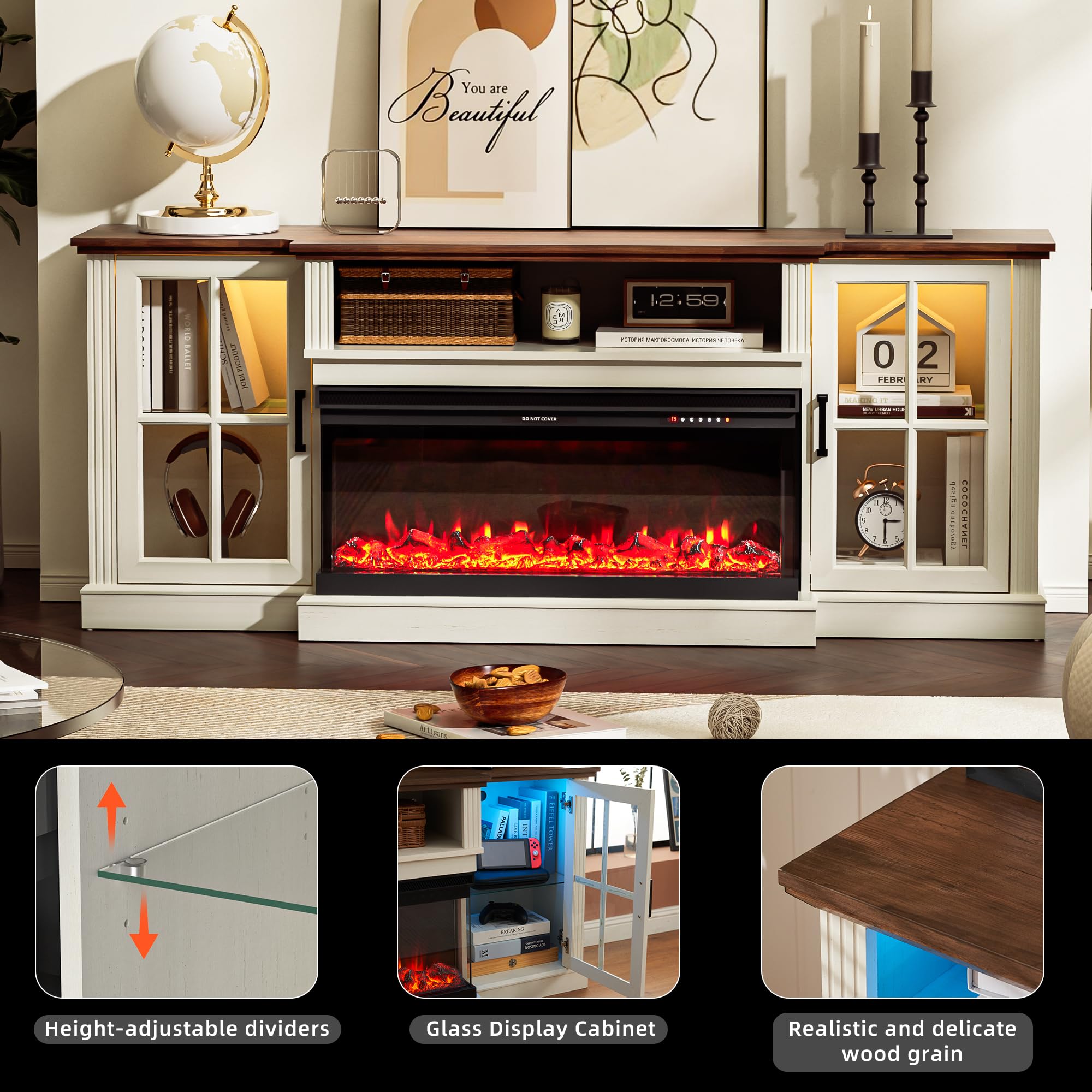 AHB 70 Inch 3-Sided Fireplace TV Stand for 80 Inch TVs - Electric Fireplace Entertainment Center with LED Lights, Farmhouse Highboy Media Console with Glass Door Cabinet - Perfect for Living Room, Bedroom & Home Theater Setup