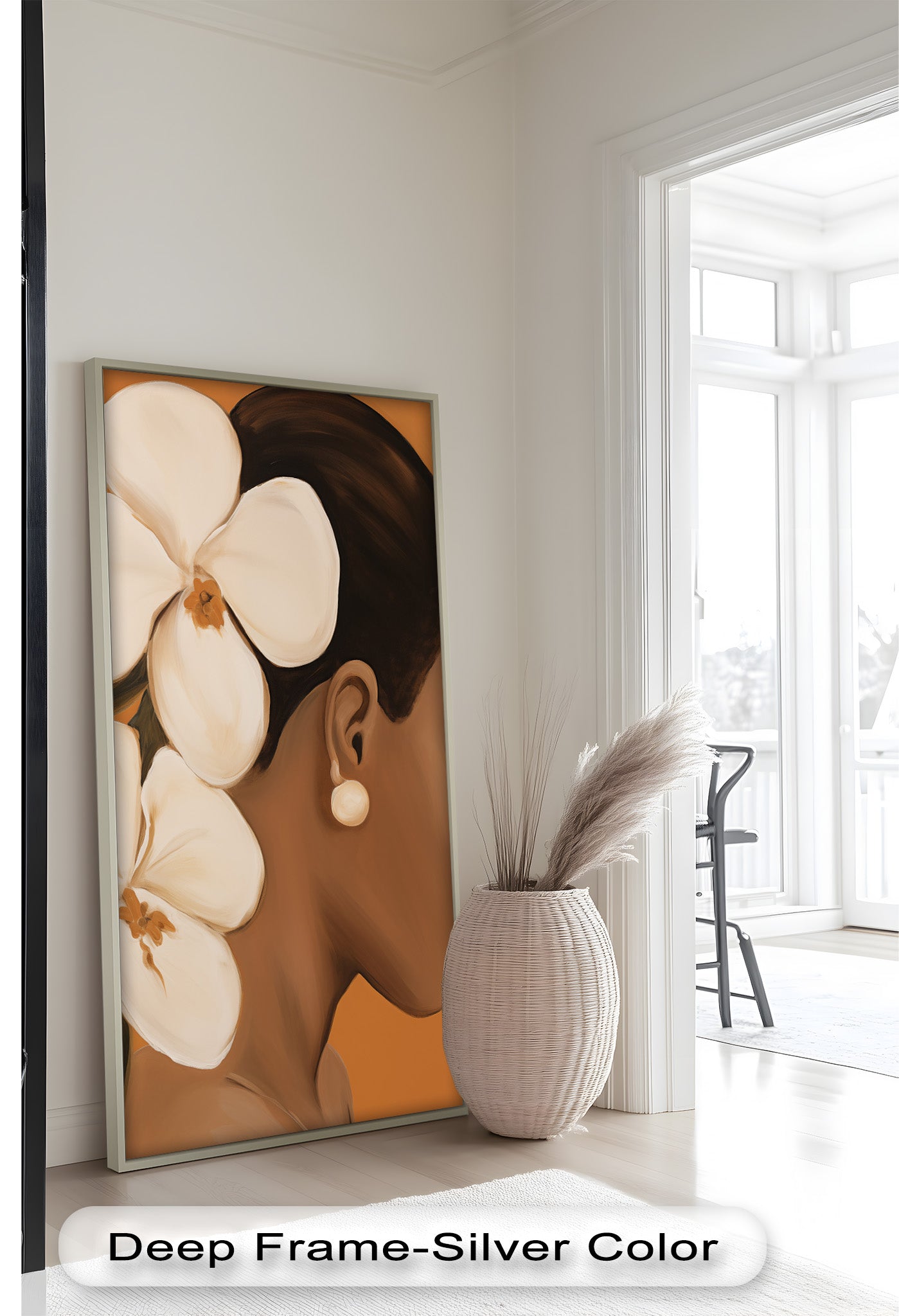 African Woman Wall Art - White Orchid Portrait Oil Painting on Canvas | Elegant Home Decor for Living Room, Bedroom & Office | Unique Gift Idea
