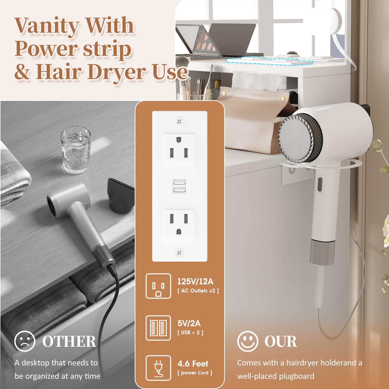 Vabches Makeup Vanity with Lighted Mirror & Power Outlet, White Vanity Set with 3 Adjustable Lighting Colors, Brightness Control, 31.5 Inch Wide Makeup Desk - Perfect for Bedroom, Dressing Room & Beauty Salon