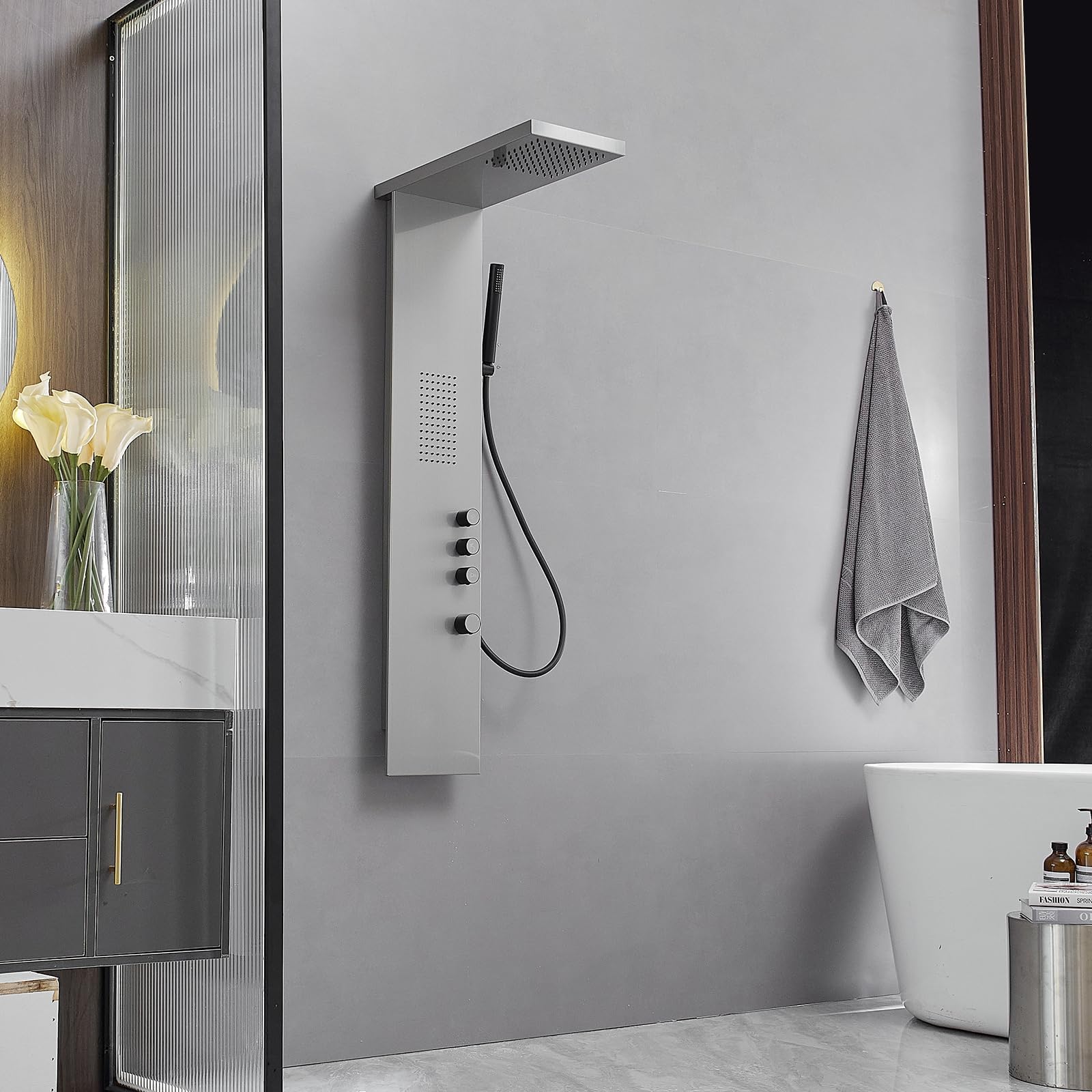 Brushed Nickel Shower Panel Tower System with Rainfall Shower Head & Handheld Wand - Multi-Function Large Area Massage Jets for Home & Hotel Use - Perfect for Spa-Like Relaxation and Luxury Bathroom Upgrades