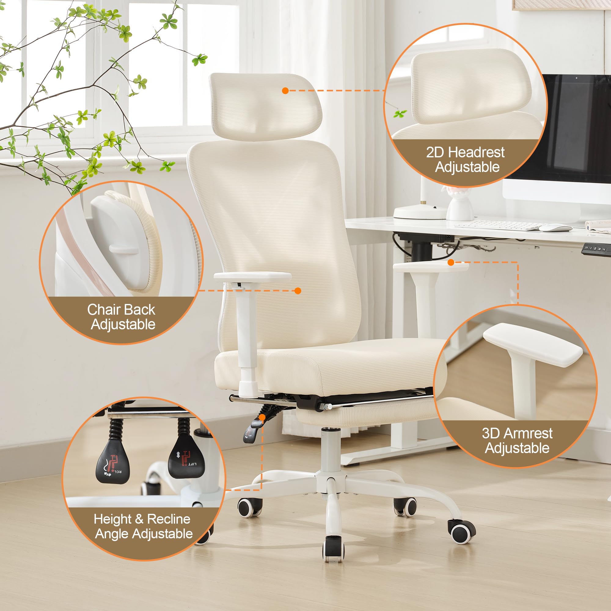 Qulomvs Ergonomic Massage Office Chair with Foot Rest - High Back Reclining Desk Chair with Vibration Massage, Breathable Mesh Computer Chair for Home Office (Cream White) - Perfect for Work, Gaming & Relaxation