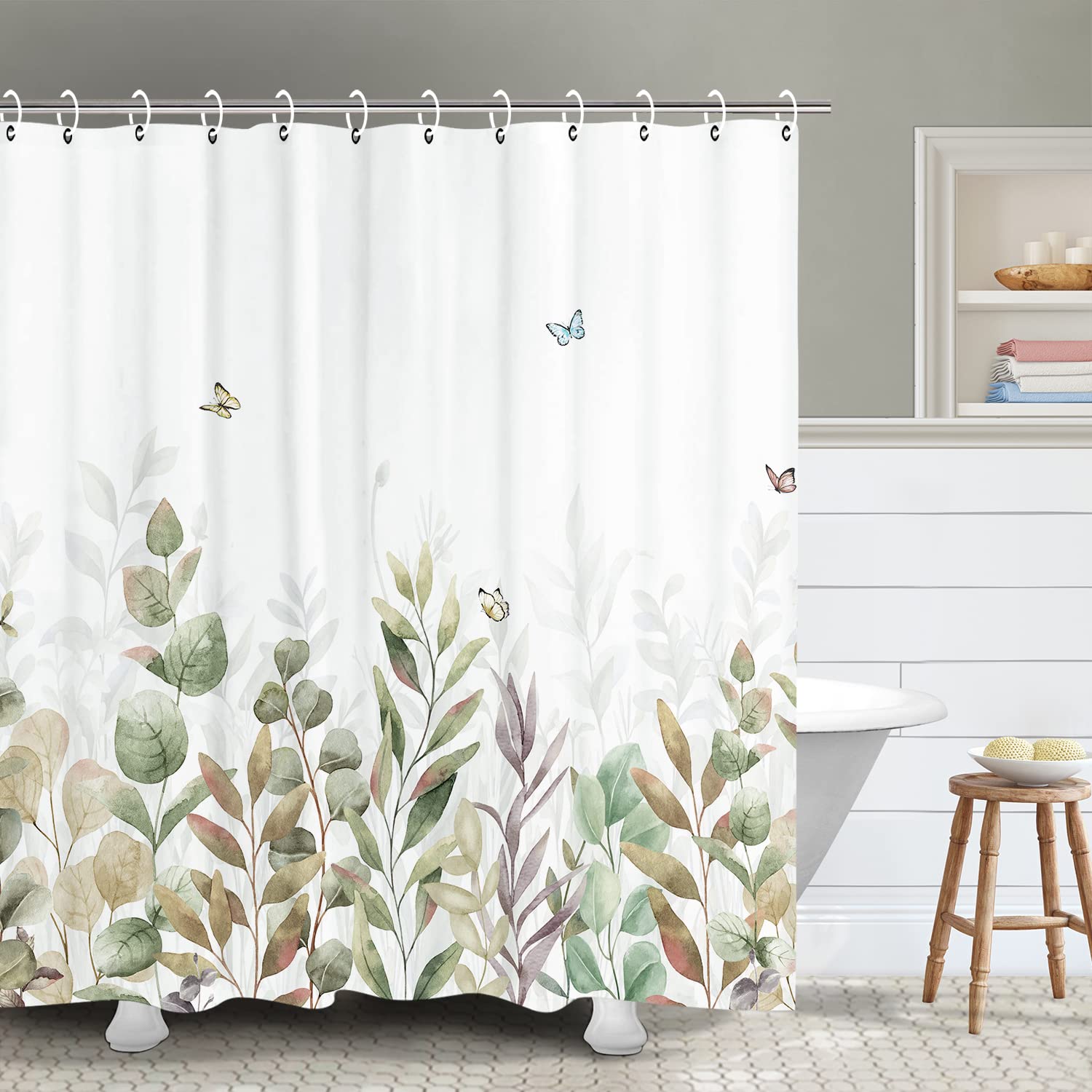RosieLily Botanical Shower Curtain - Beige Eucalyptus Leaves Design with Hooks, 72x72 Inch Neutral Tan Fabric Bathroom Curtain for Spa-Like Shower Experience