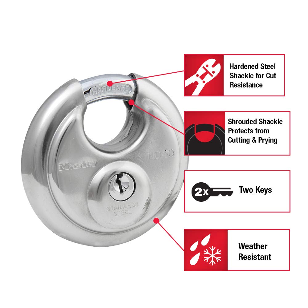 Master Lock 40D Stainless Steel Discus Padlock with Key - High Security Outdoor Lock for Gates, Fences & Storage Units (Silver)