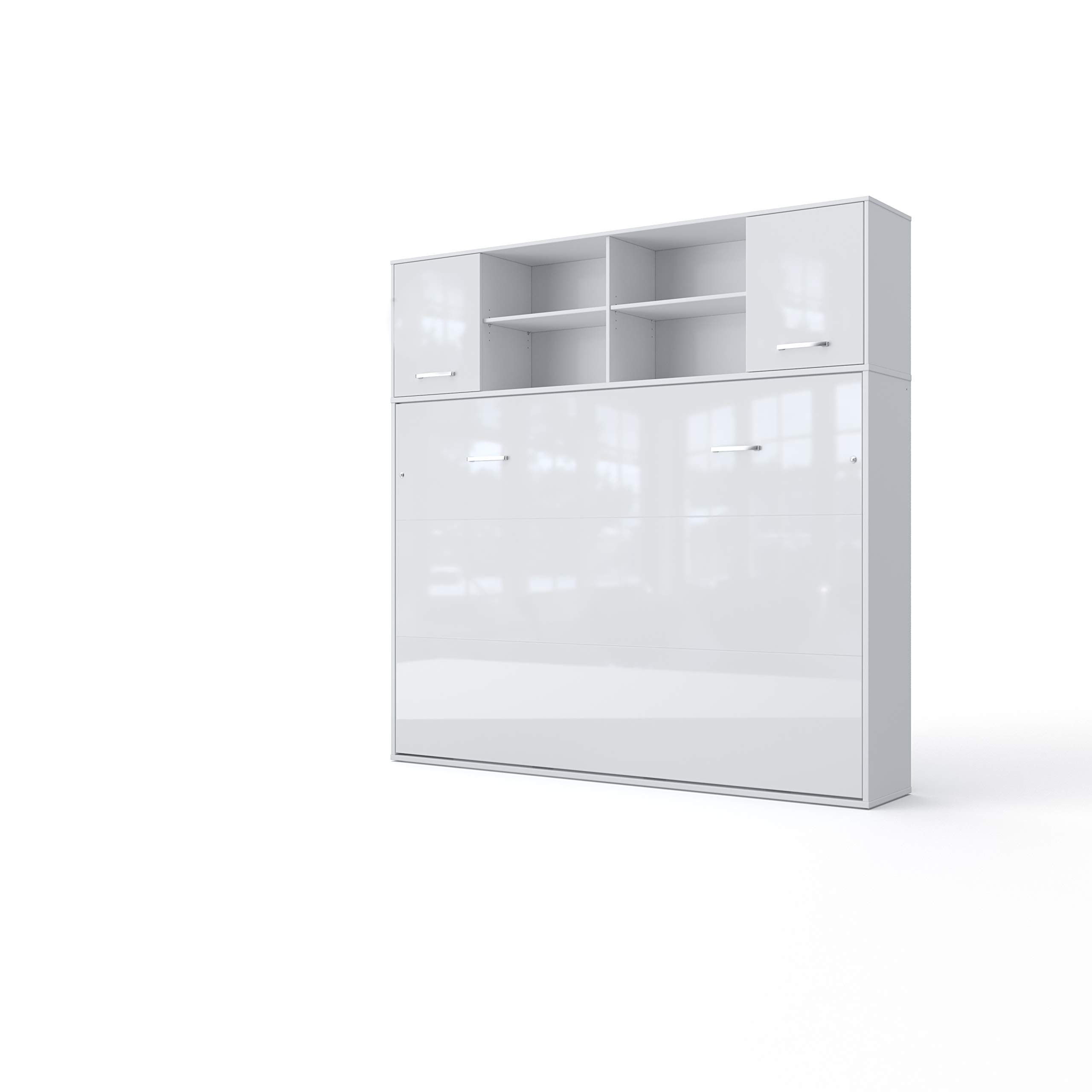 Horizontal Wall Bed with Mattress - European Queen Size Murphy Bed with Storage Cabinet (White/White) - Space Saving Solution for Small Apartments & Guest Rooms