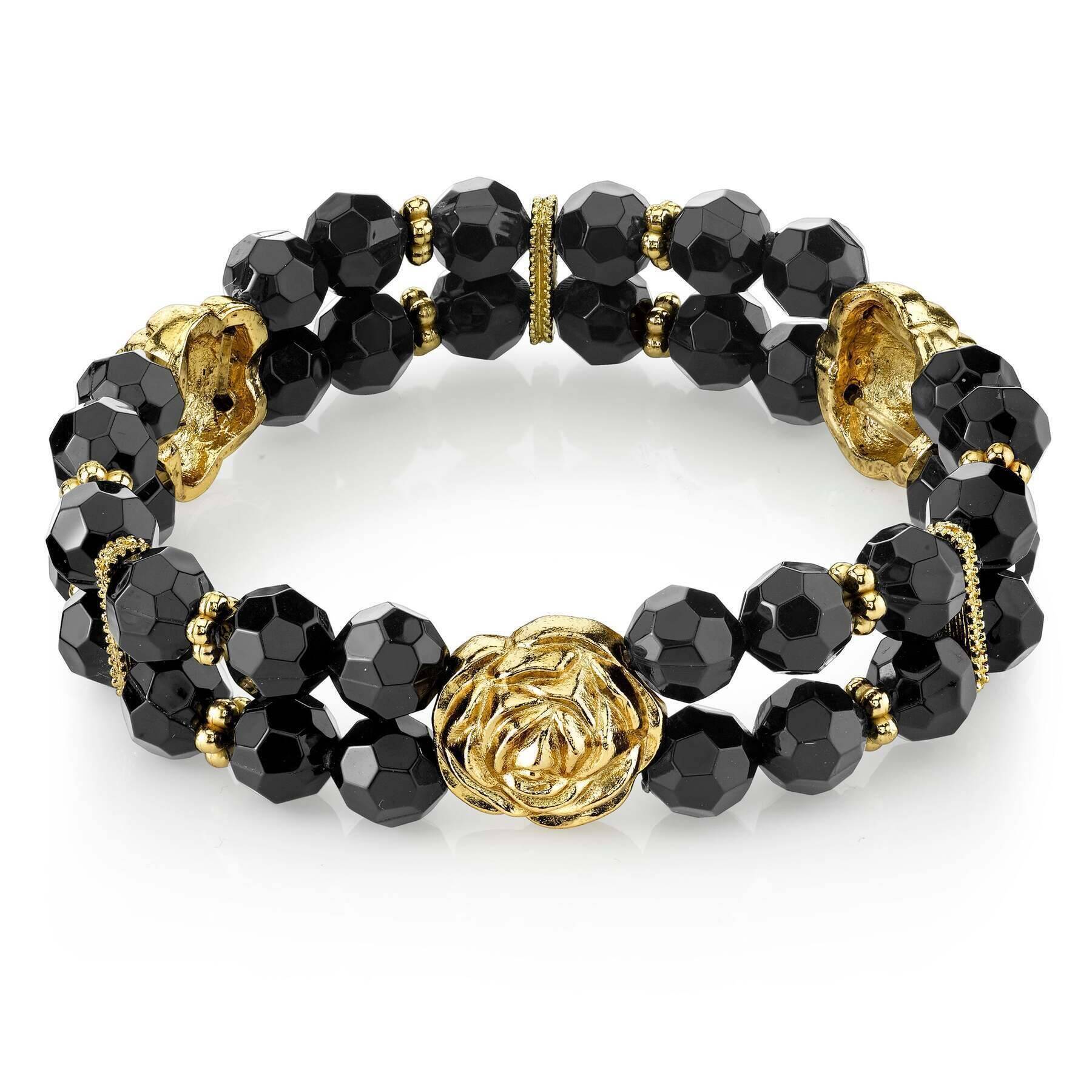 1928 Jewelry Black Beaded Stretch Bracelet for Women - Vintage Style Elastic Beaded Bracelet - Perfect for Parties, Weddings & Everyday Wear