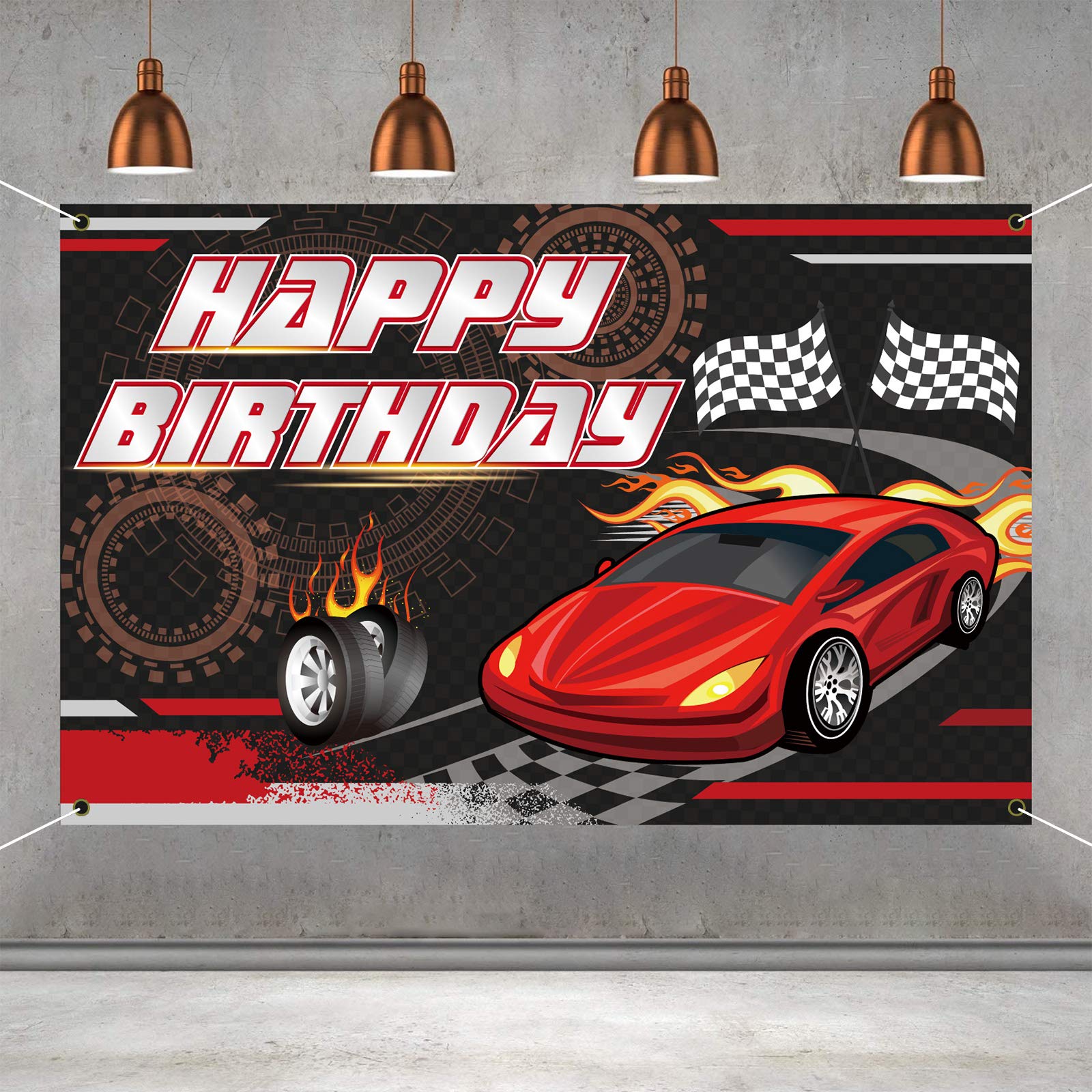 Car Racing Happy Birthday Backdrop - 5.9x3.7ft Thick Fabric Photo Booth Background for Boys' Birthday Party, Baby Shower & Racing Theme Decorations - Perfect for Party Photography, Wall Decor and Event Staging