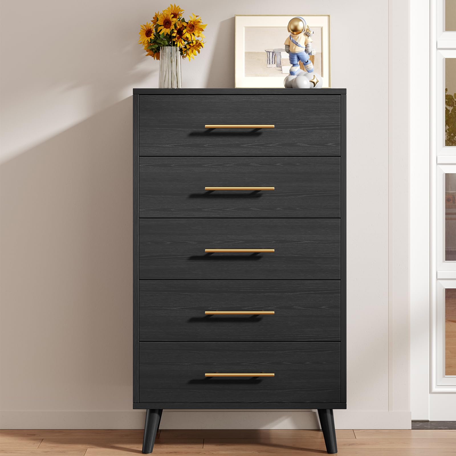 Aiho 5-Drawer Dresser with Metal Handles - Tall Wooden Chest Storage Organizer for Bedroom, Hallway & Living Room - Black - Perfect for Small Space Organization & Home Decor